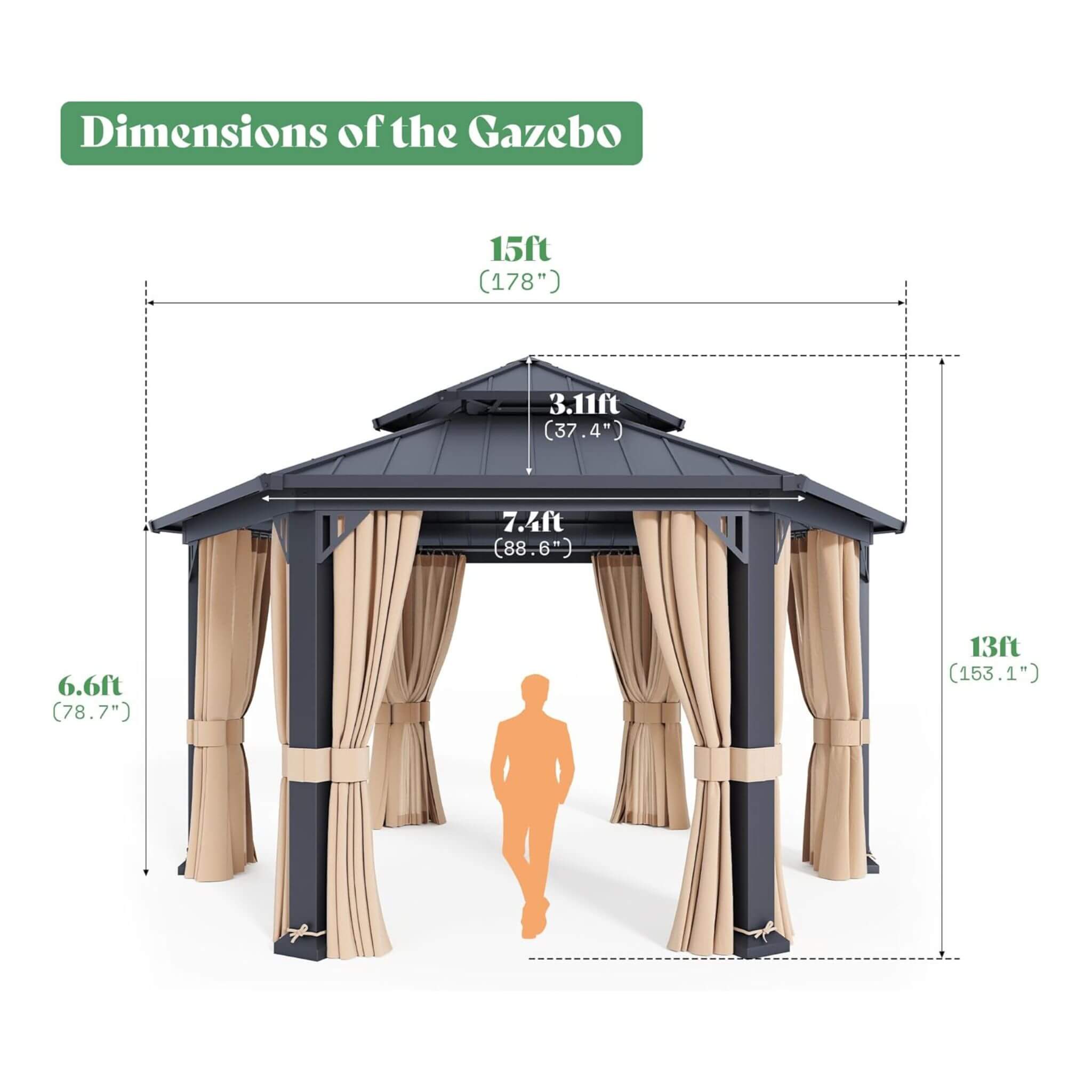 Alora 13x15 ft Hexagonal Hardtop Gazebo with Curtains & Netting – Outdoor Pavilion