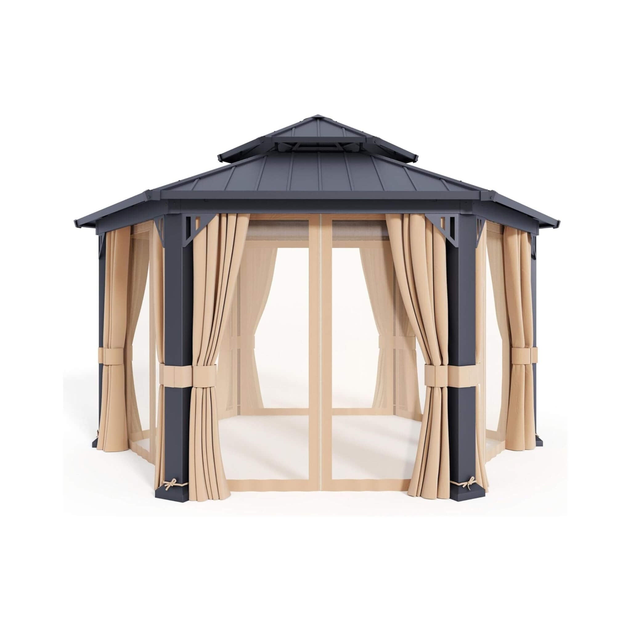 Alora 13 ft x 15 ft Hexagonal Hardtop Gazebo with Curtains and Netting