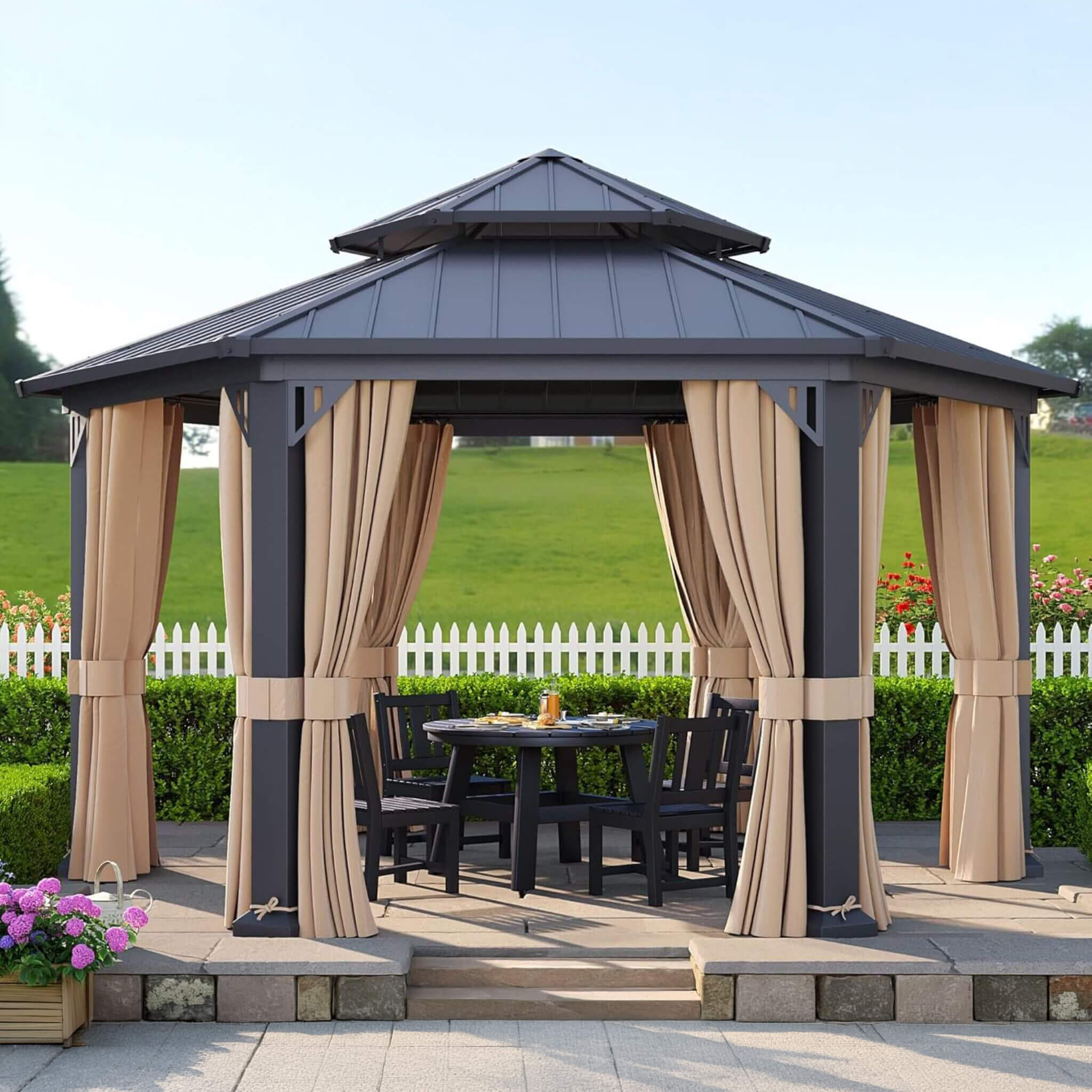 Alora 13 ft x 15 ft Hexagonal Hardtop Gazebo with Curtains and Netting