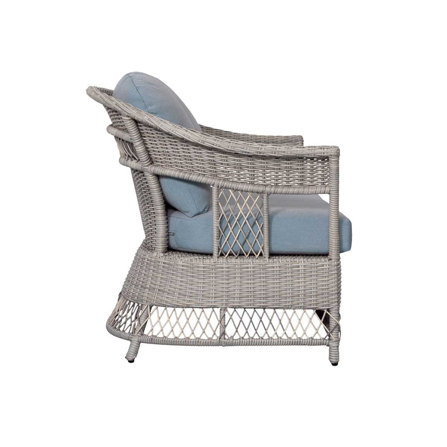 Shell 4-Piece Wicker Patio Sofa Set with Loveseat, Chairs & Wood-Look Table – Blue Cushions