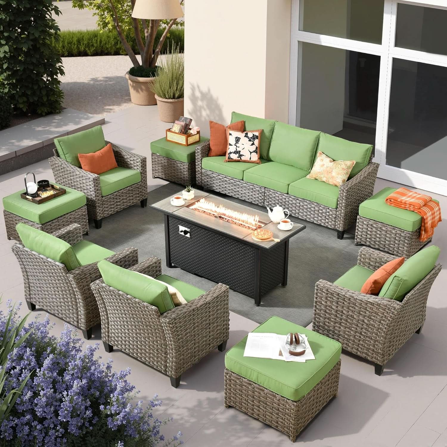 10-Piece Outdoor Patio Furniture Set with 54" Fire Pit Table, Sofa, Chairs & Ottomans