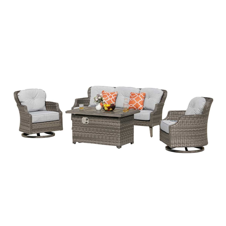 Tenaya 4-Piece Wicker Patio Set with Fire Pit Table & Swivel Rocking Chairs, 6" Cushions