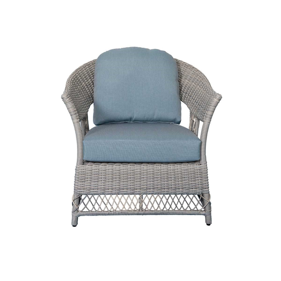 Shell 4-Piece Wicker Patio Sofa Set with Loveseat, Chairs & Wood-Look Table – Blue Cushions