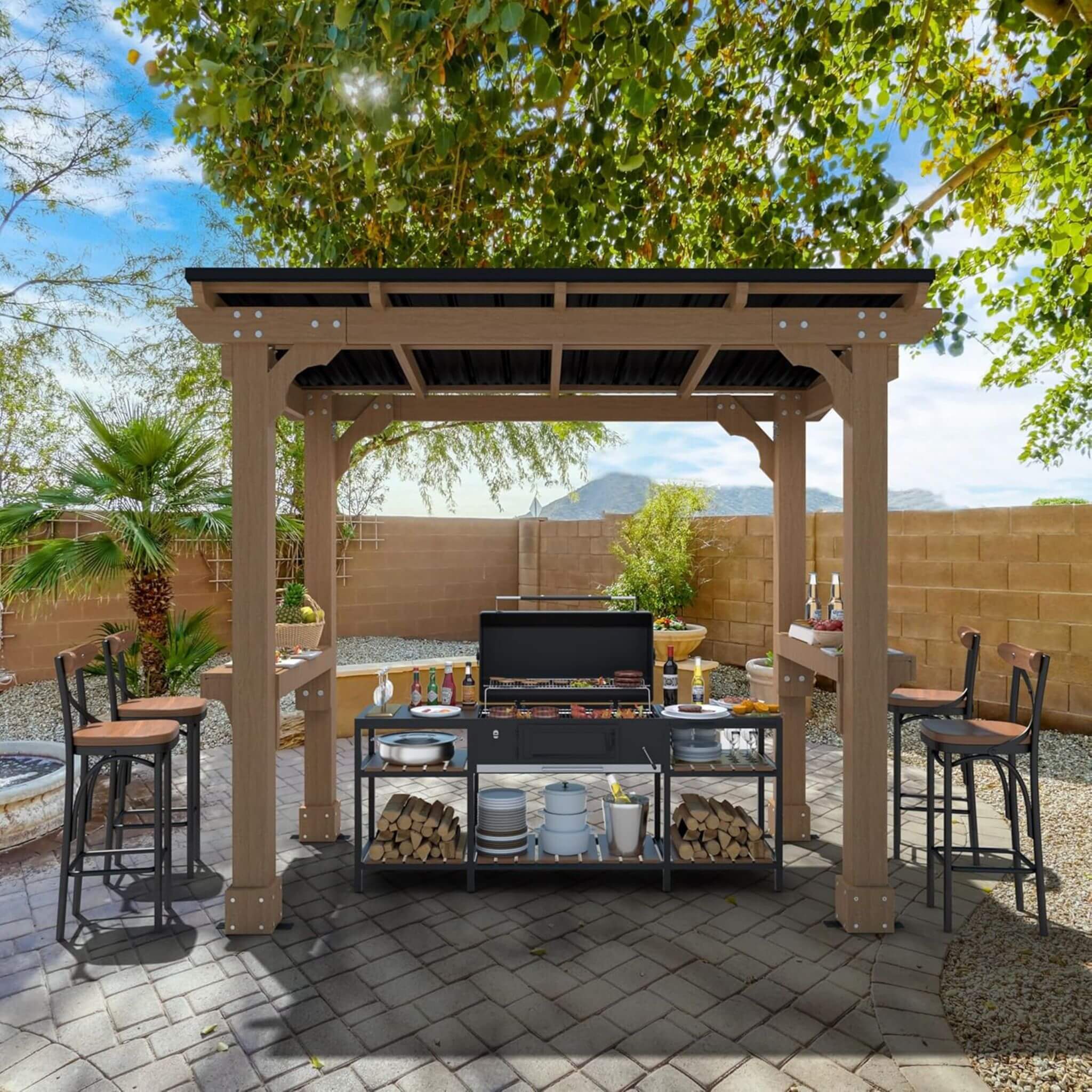 Alora Wooden Grill Gazebo with Sloped Metal Roof – Outdoor BBQ Shelter with Drainage System