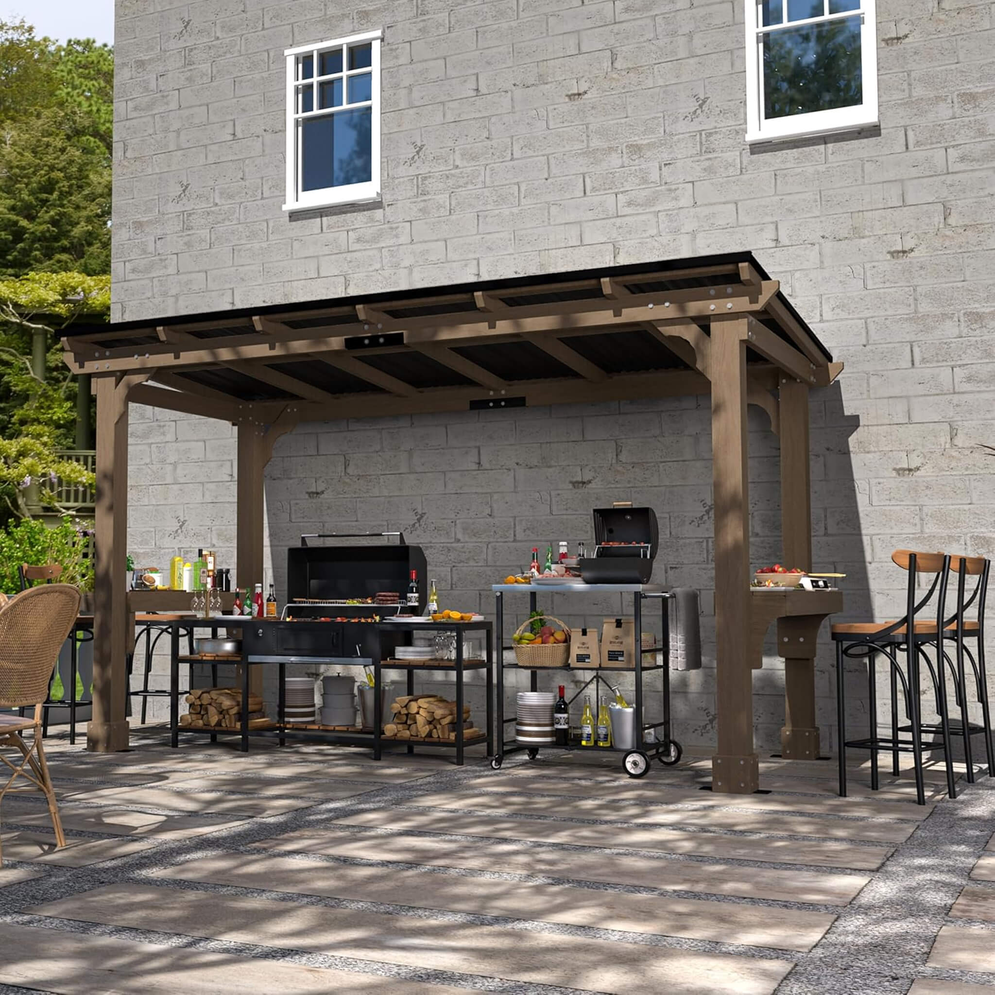 Alora Wooden Grill Gazebo with Sloped Metal Roof – Outdoor BBQ Shelter with Drainage System