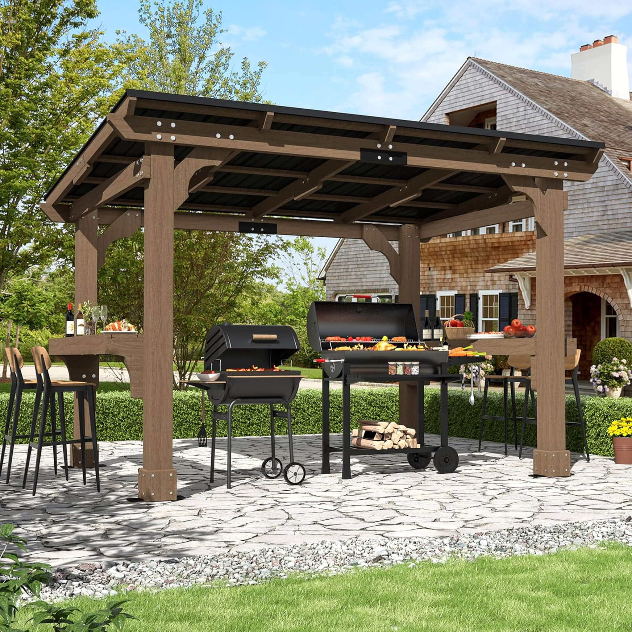 Alora Wooden Grill Gazebo with Sloped Metal Roof – Outdoor BBQ Shelter with Drainage System