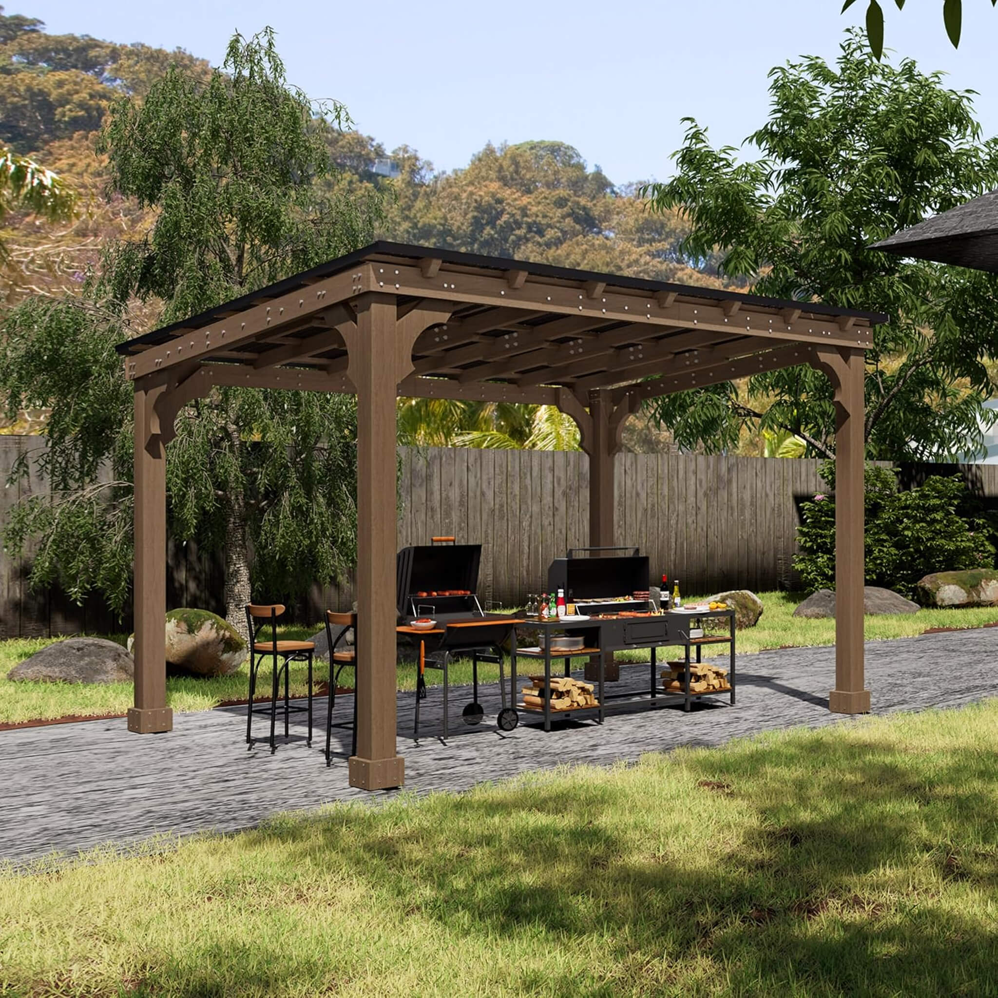 Alora Wooden Grill Gazebo with Sloped Metal Roof – Outdoor BBQ Shelter with Drainage System