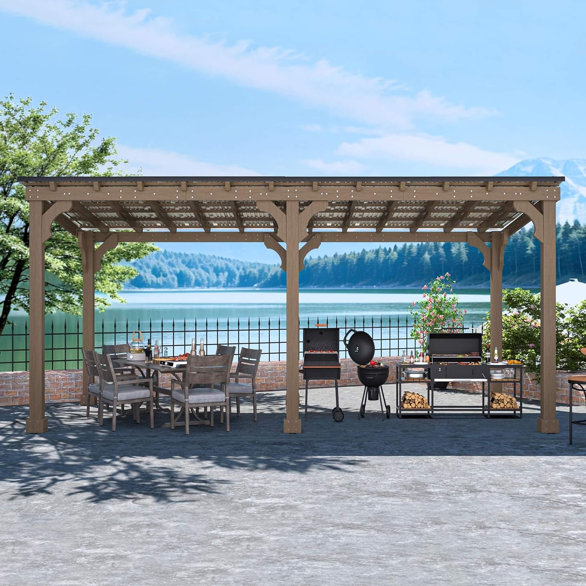 Alora Wooden Grill Gazebo with Sloped Metal Roof – Outdoor BBQ Shelter with Drainage System