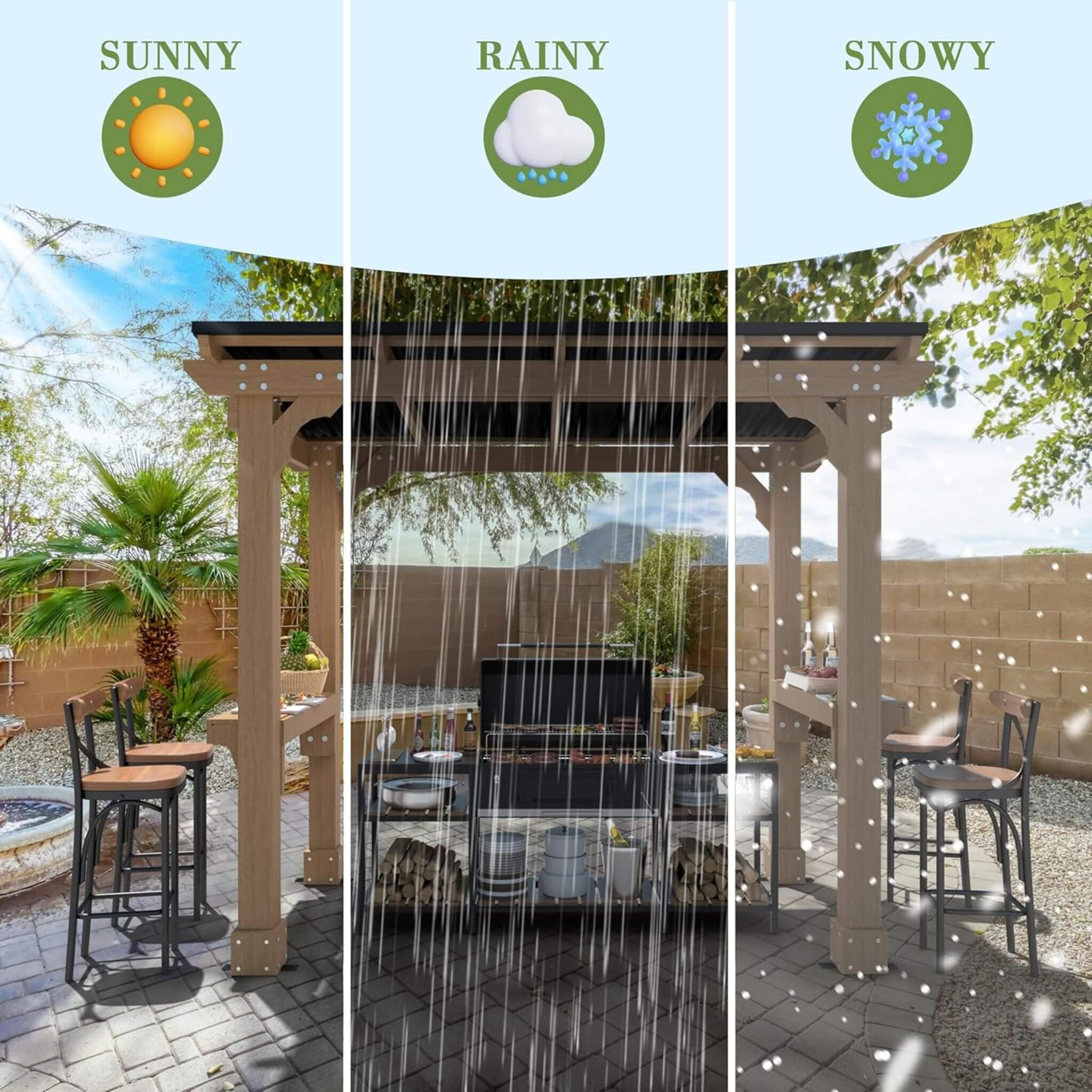 Alora Wooden Grill Gazebo with Sloped Metal Roof – Outdoor BBQ Shelter with Drainage System