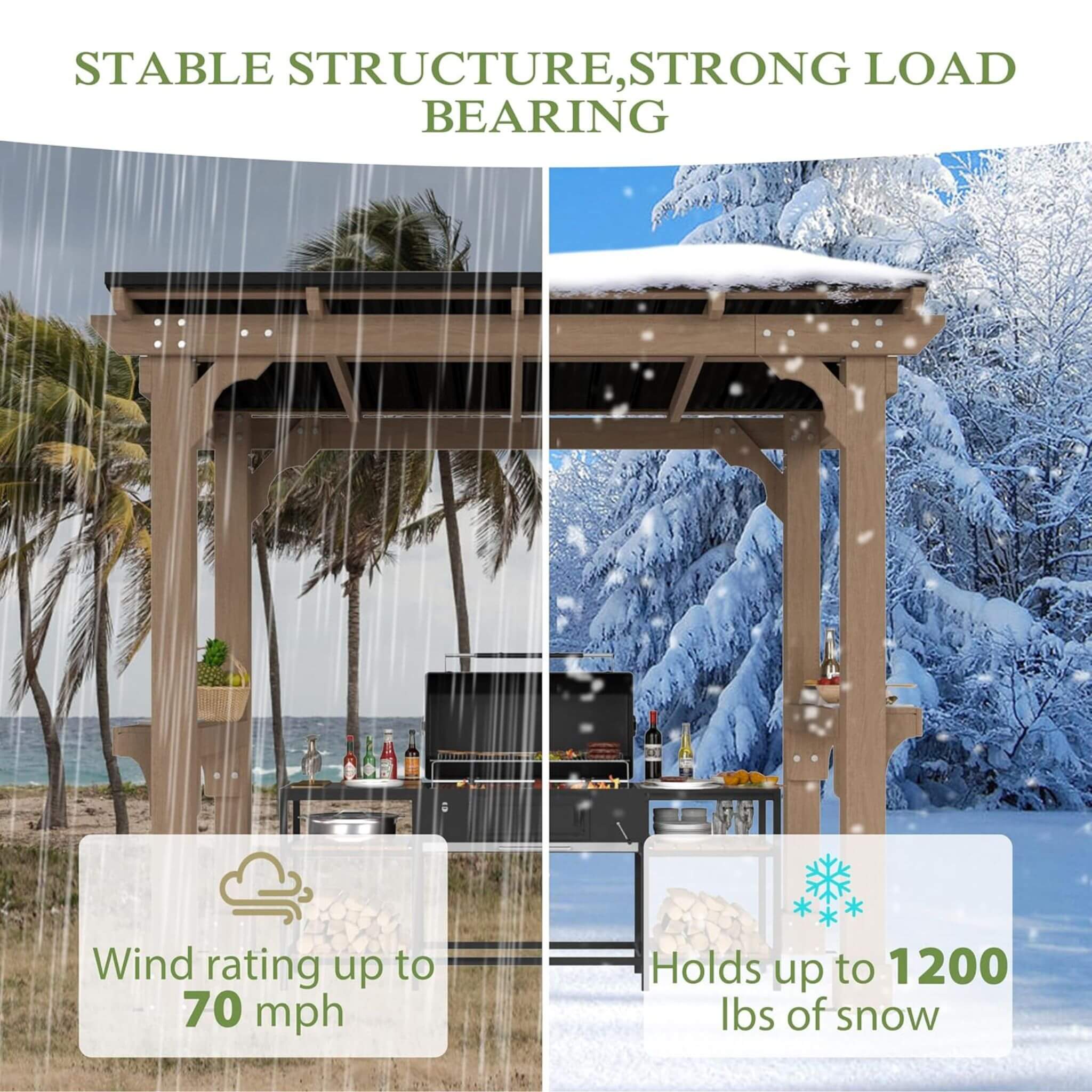 Alora Wooden Grill Gazebo with Sloped Metal Roof – Outdoor BBQ Shelter with Drainage System