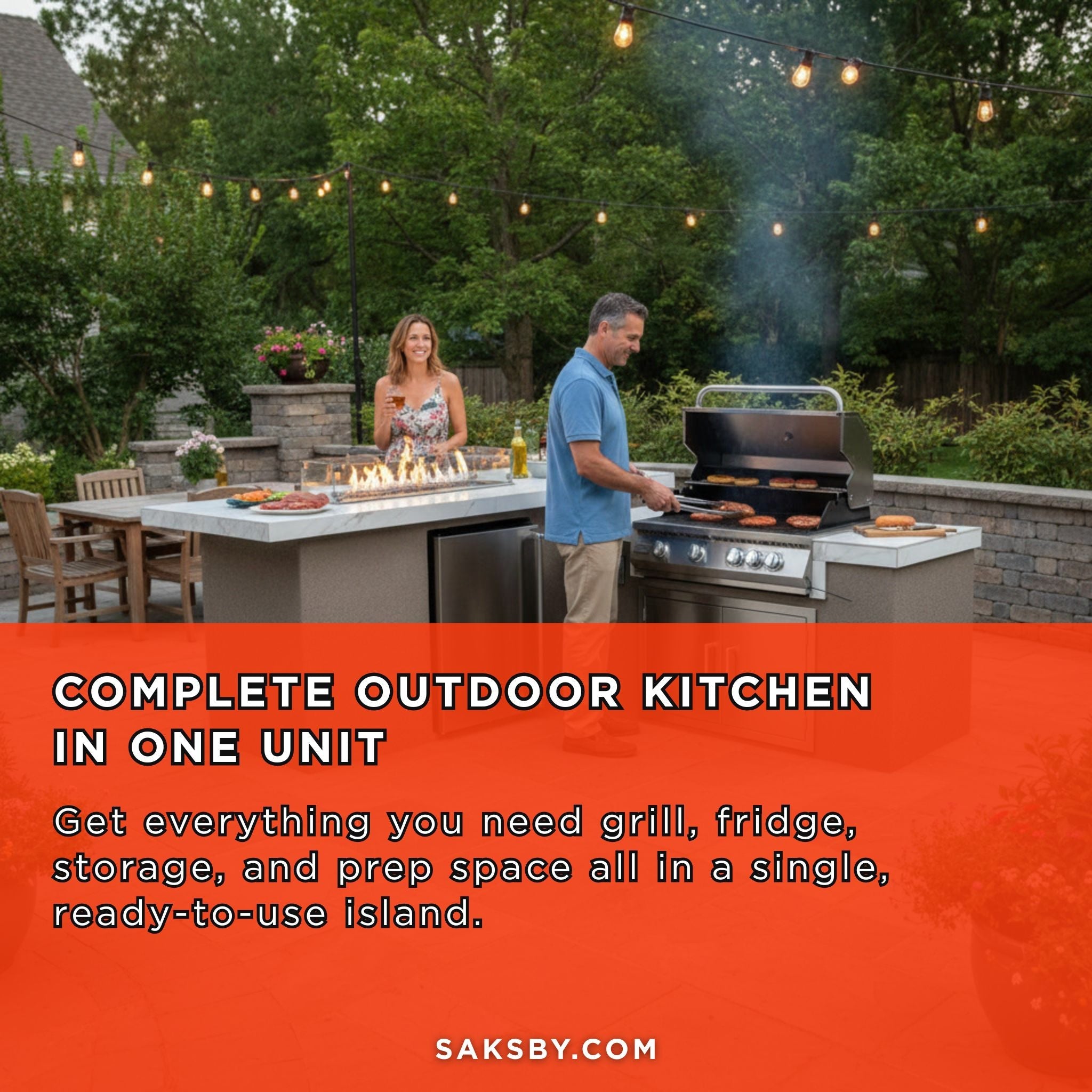 KoKoMo Grills Baja 9FT BBQ Island With LEDs, Built-In BBQ And Refrigerator [Made-To-Order]