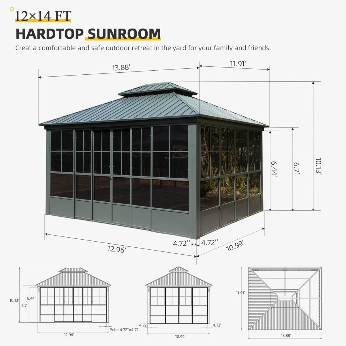 12x14 ft Enclosed Hardtop Gazebo with Sliding Doors & Double Roof – All-Season Outdoor Pavilion