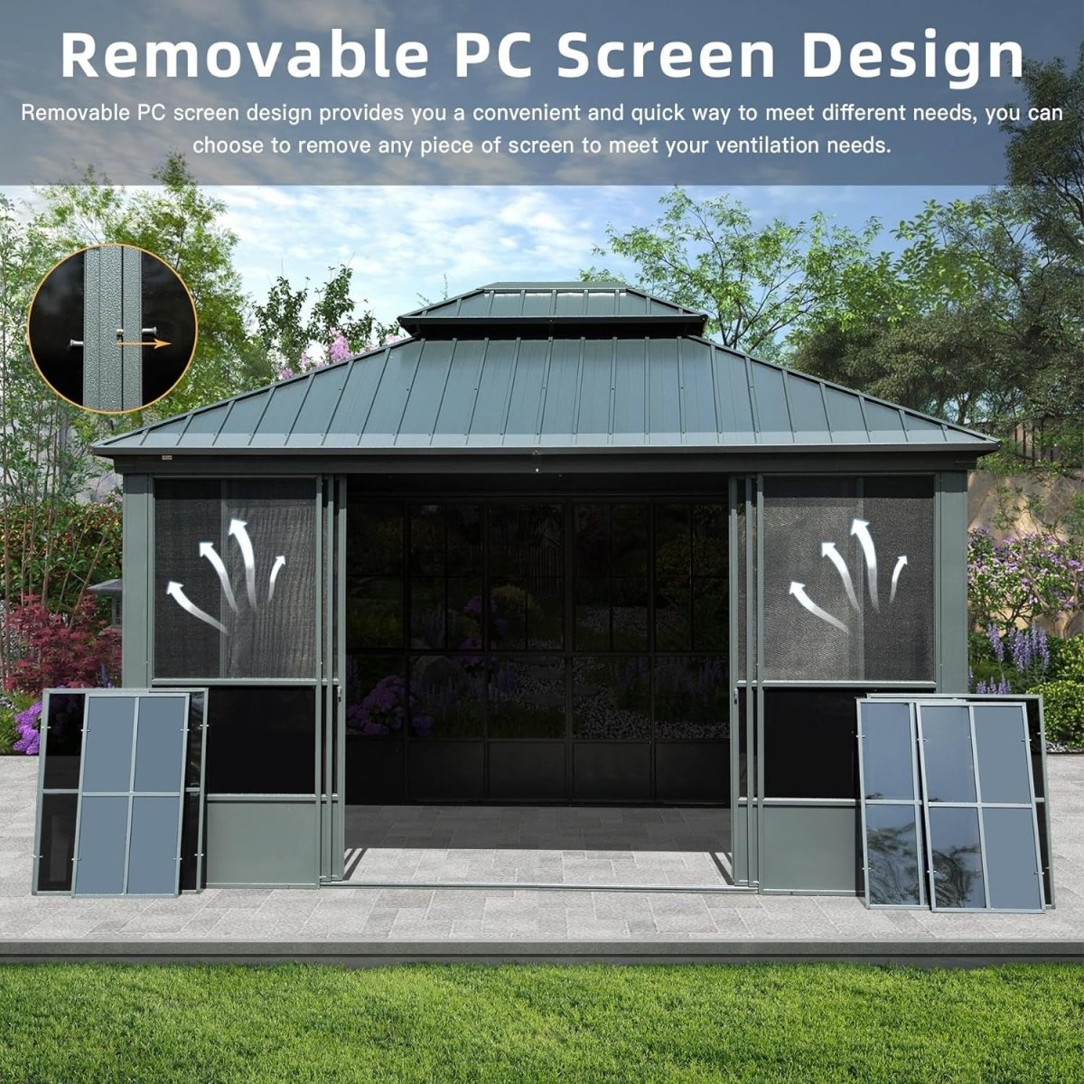 12x14 ft Enclosed Hardtop Gazebo with Sliding Doors & Double Roof – All-Season Outdoor Pavilion