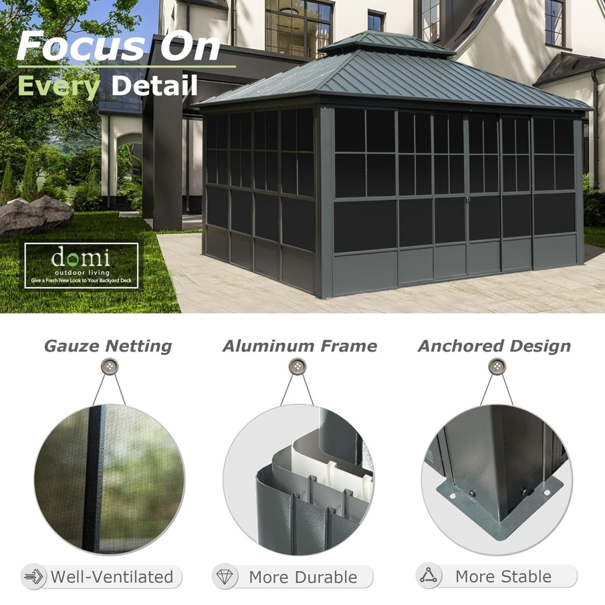 12x14 ft Enclosed Hardtop Gazebo with Sliding Doors & Double Roof – All-Season Outdoor Pavilion