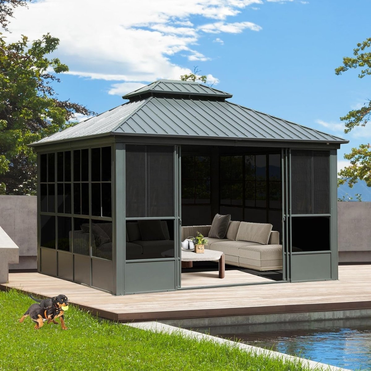 12x14 ft Enclosed Hardtop Gazebo with Sliding Doors & Double Roof – All-Season Outdoor Pavilion