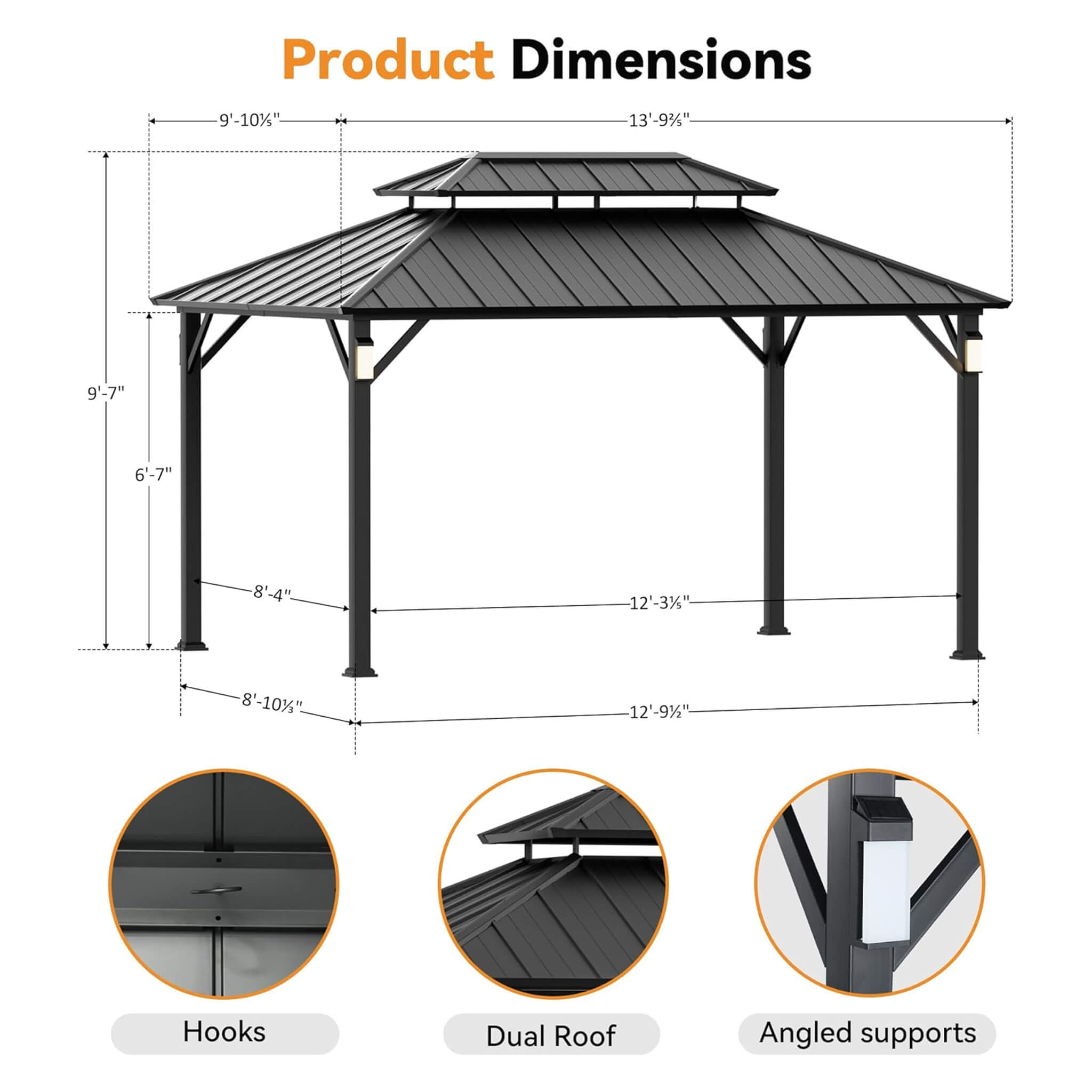 Alora Hardtop Aluminum Gazebo with Double Roof, Solar LED Lights & Mosquito Netting