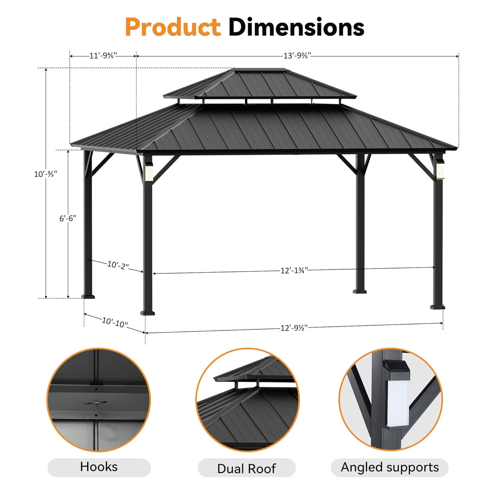 Alora Hardtop Aluminum Gazebo with Double Roof, Solar LED Lights & Mosquito Netting
