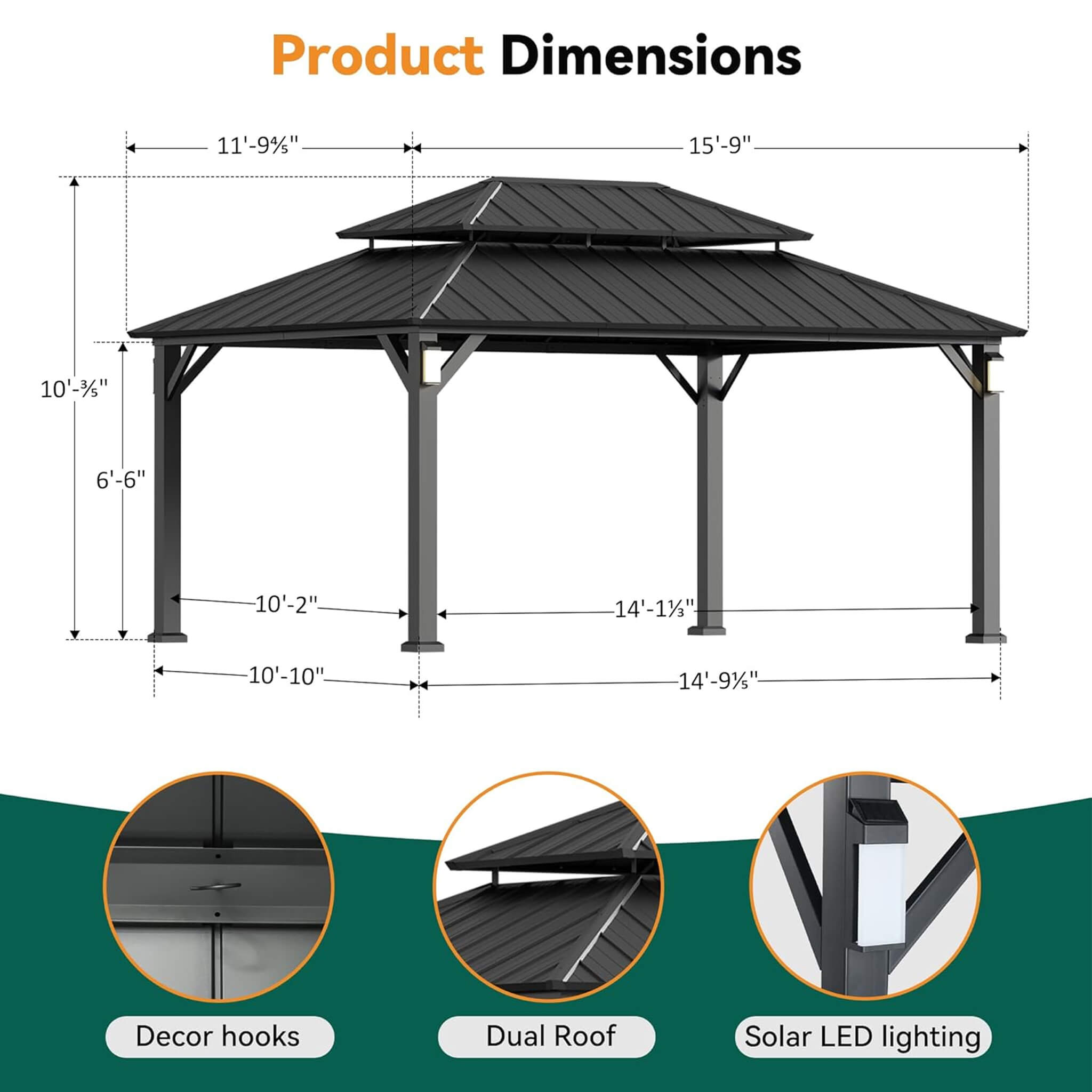Alora Hardtop Aluminum Gazebo with Double Roof, Solar LED Lights & Mosquito Netting