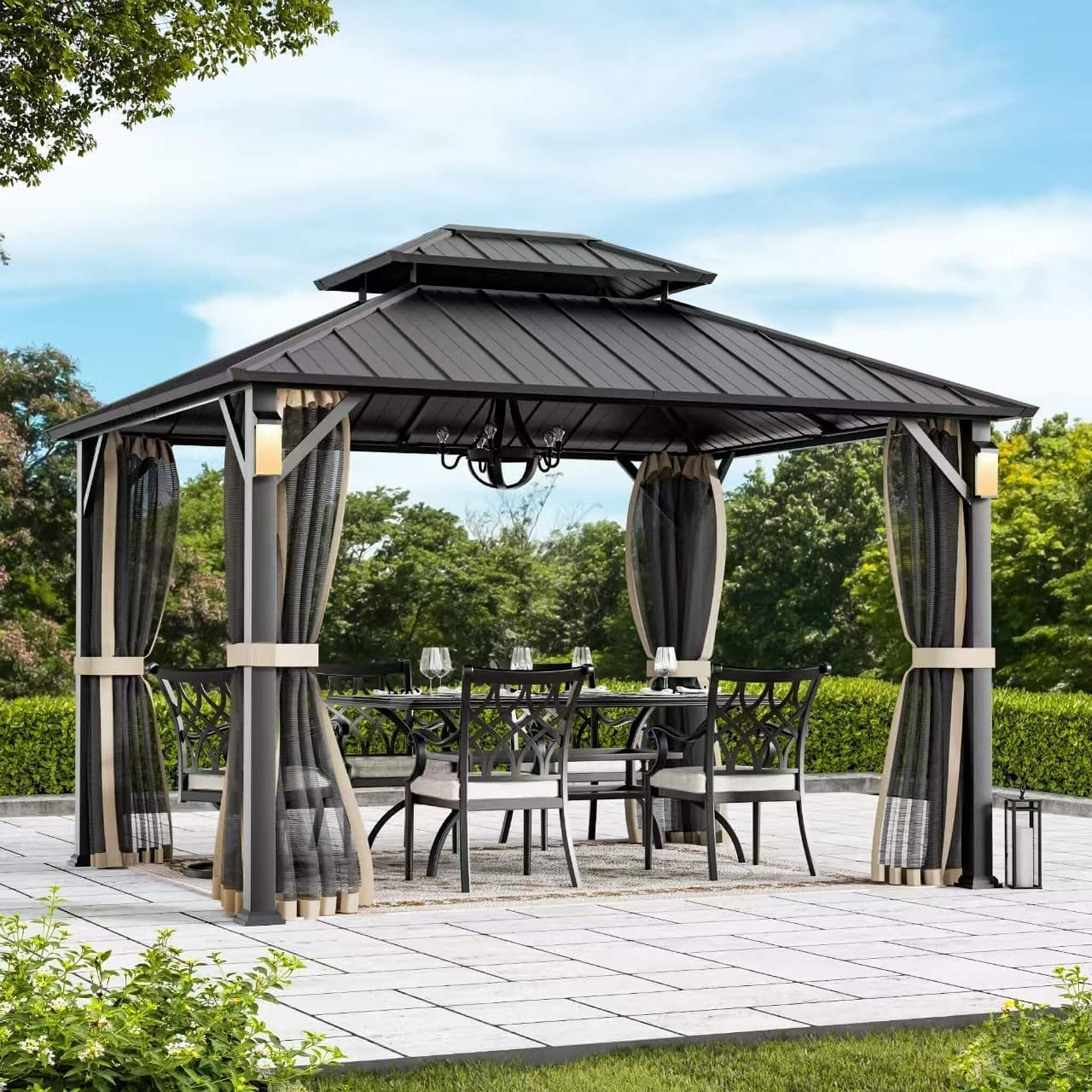 Alora Hardtop Aluminum Gazebo with Double Roof, LED Lights, and Mosquito Netting