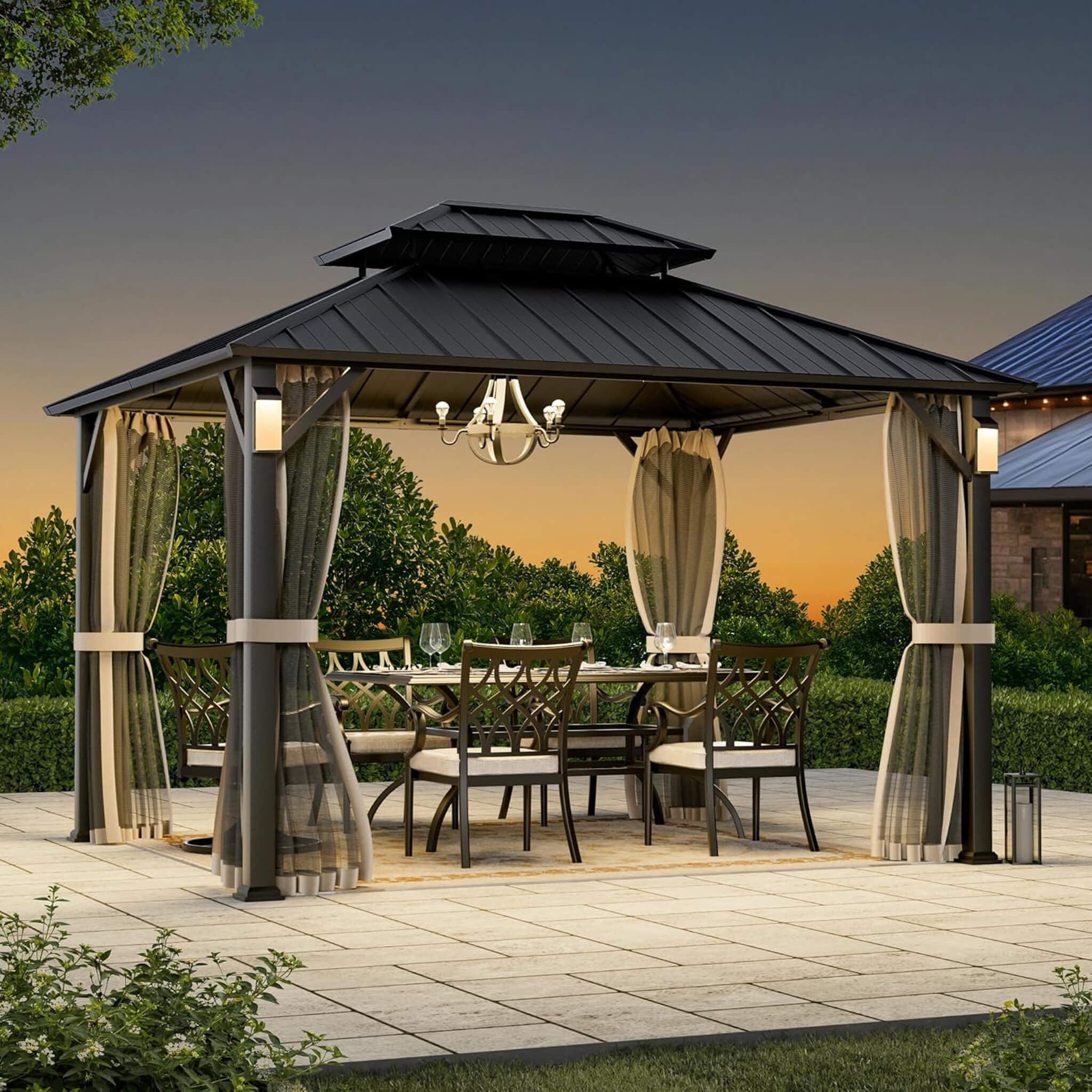Alora Hardtop Aluminum Gazebo with Double Roof, Solar LED Lights & Mosquito Netting