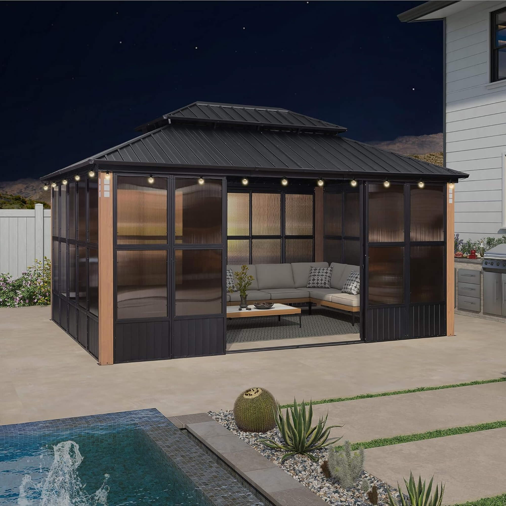 Alora Oasis Hardtop Aluminum Outdoor Sunroom with Sliding Doors & LED Lights