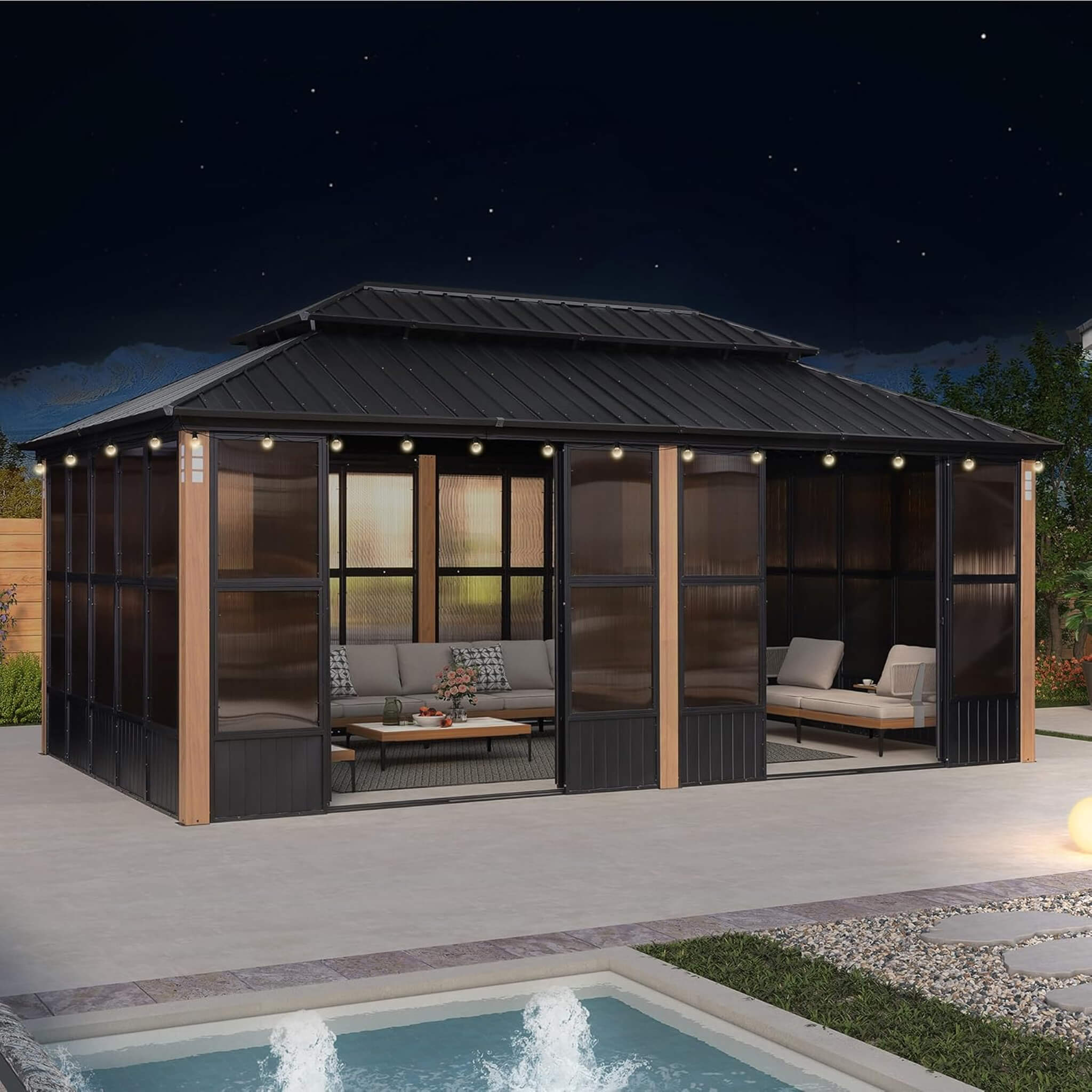 Alora Oasis Hardtop Aluminum Outdoor Sunroom with Sliding Doors & LED Lights