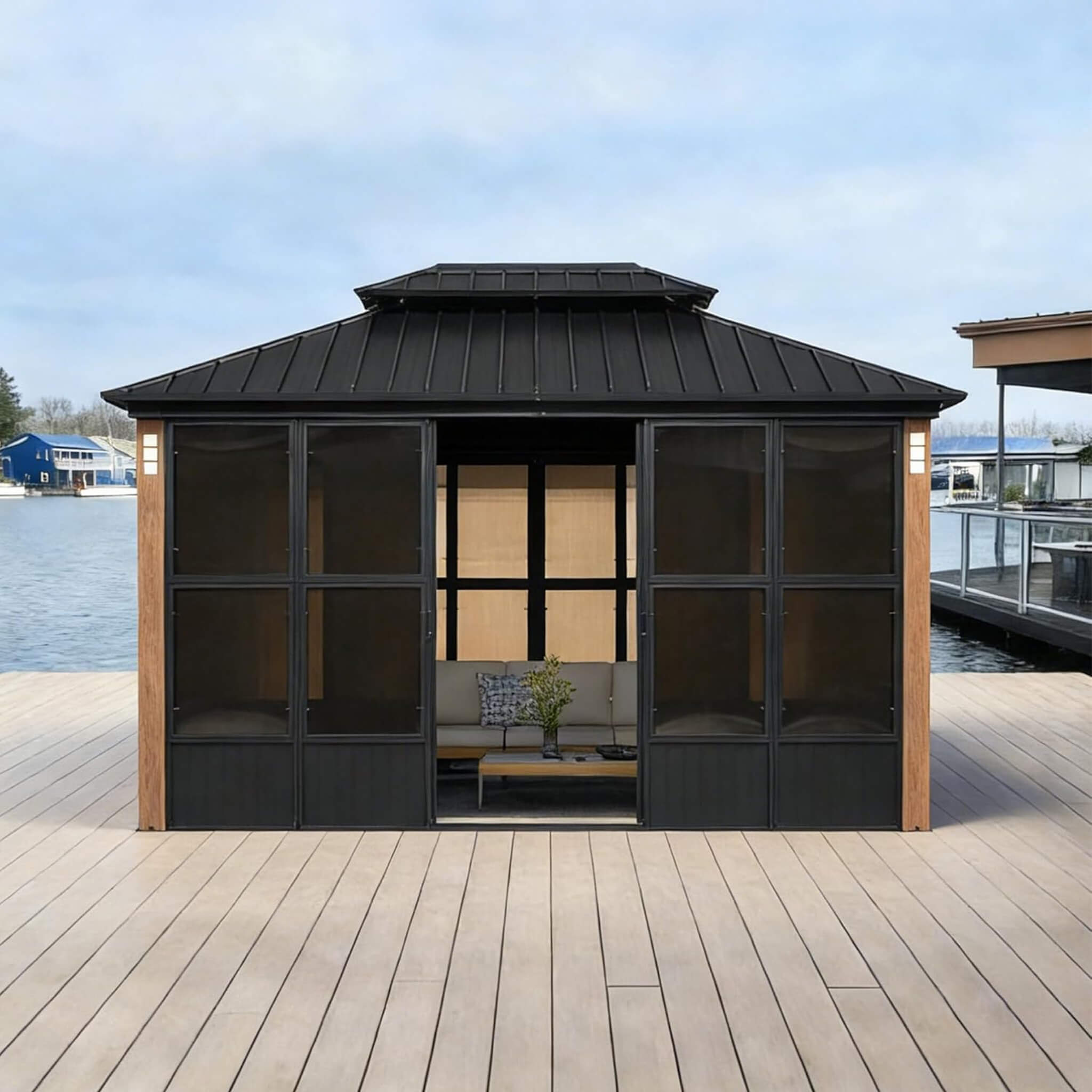 Alora Oasis Hardtop Aluminum Outdoor Sunroom with Sliding Doors & LED Lights