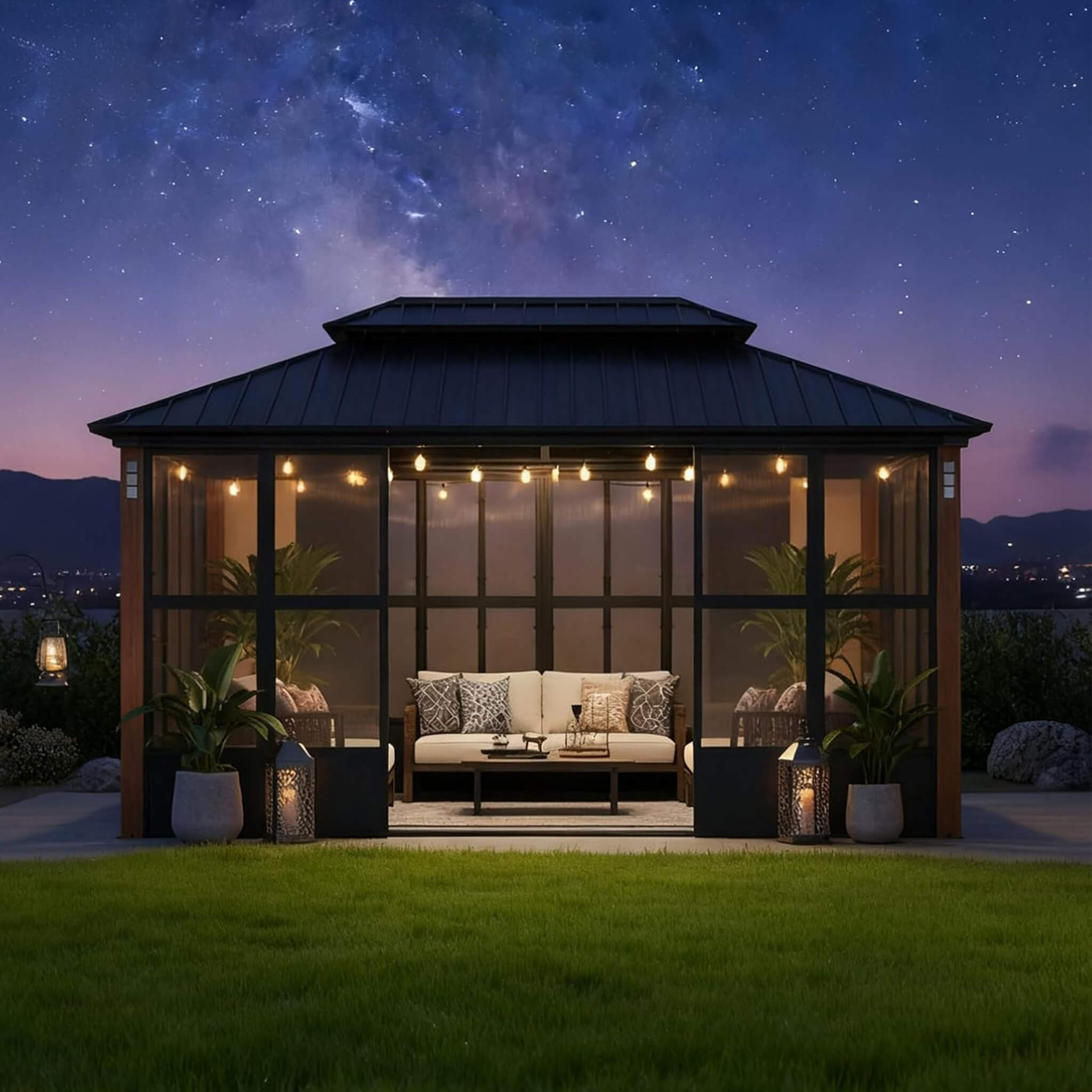 Alora Oasis Hardtop Aluminum Sunroom with Sliding Doors and LED Lights