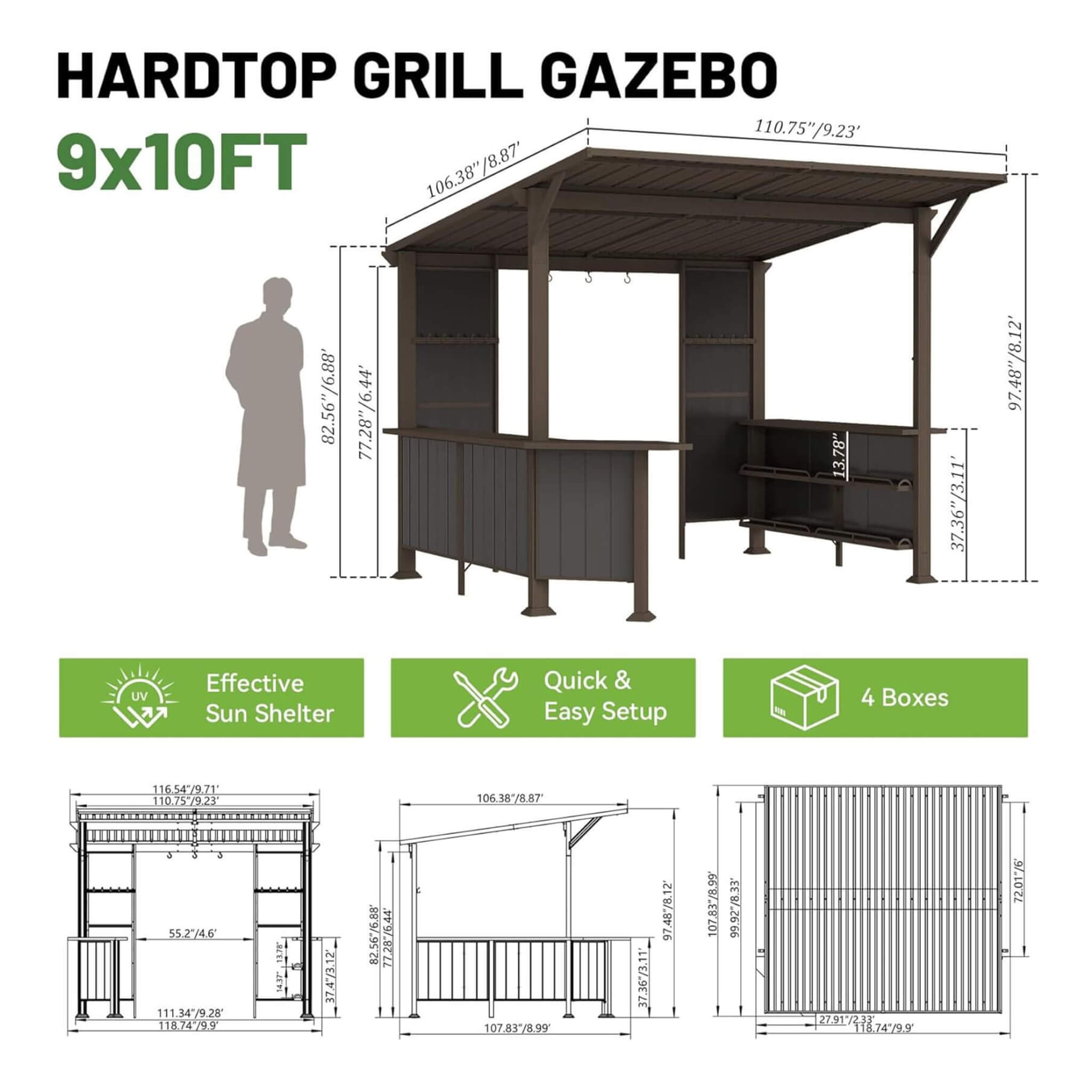 Alora 9x10 ft Hardtop Grill Gazebo with Slanted Roof – Outdoor BBQ Shelter