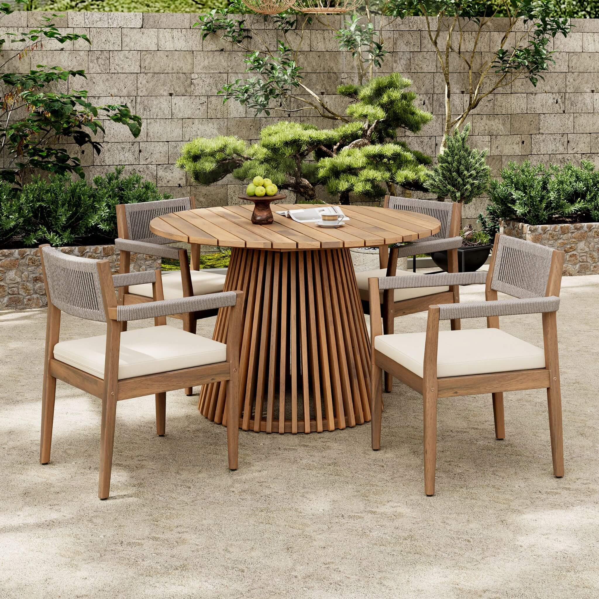 Alora 5-Piece Acacia Wood Outdoor Dining Set with Braided Chairs and Cushions