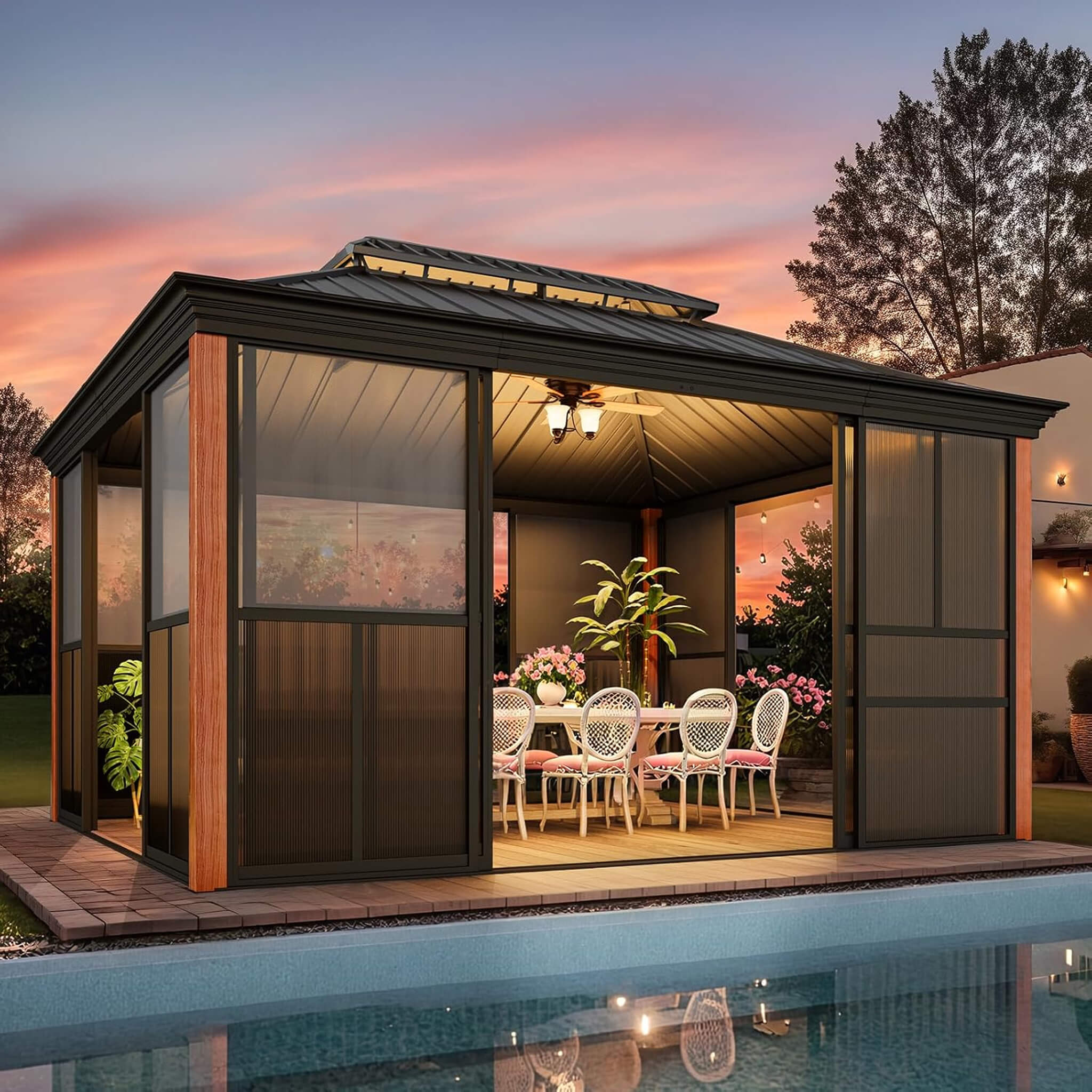 Alora All-Season Wood-Grain Aluminum Sunroom with Sliding Doors and Double Roof