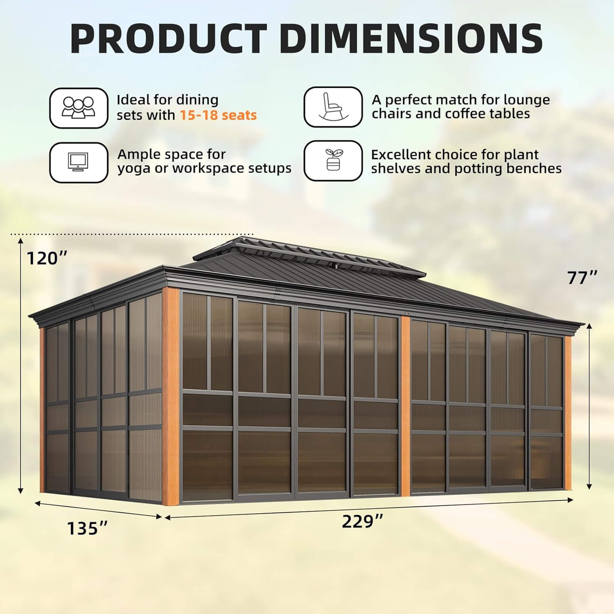 Alora All-Season Outdoor Sunroom with Wood-Grain Aluminum Frame, Sliding Doors & Double Roof