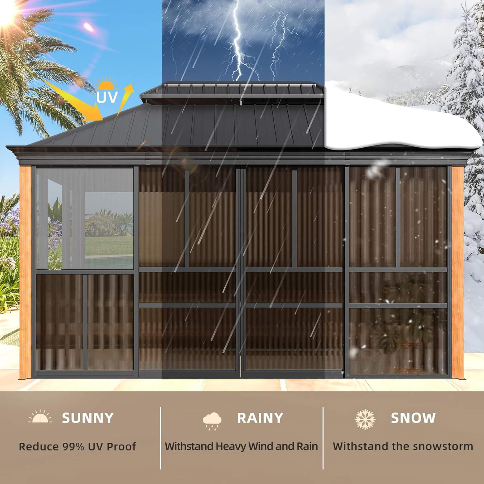 Alora All-Season Outdoor Sunroom with Wood-Grain Aluminum Frame, Sliding Doors & Double Roof