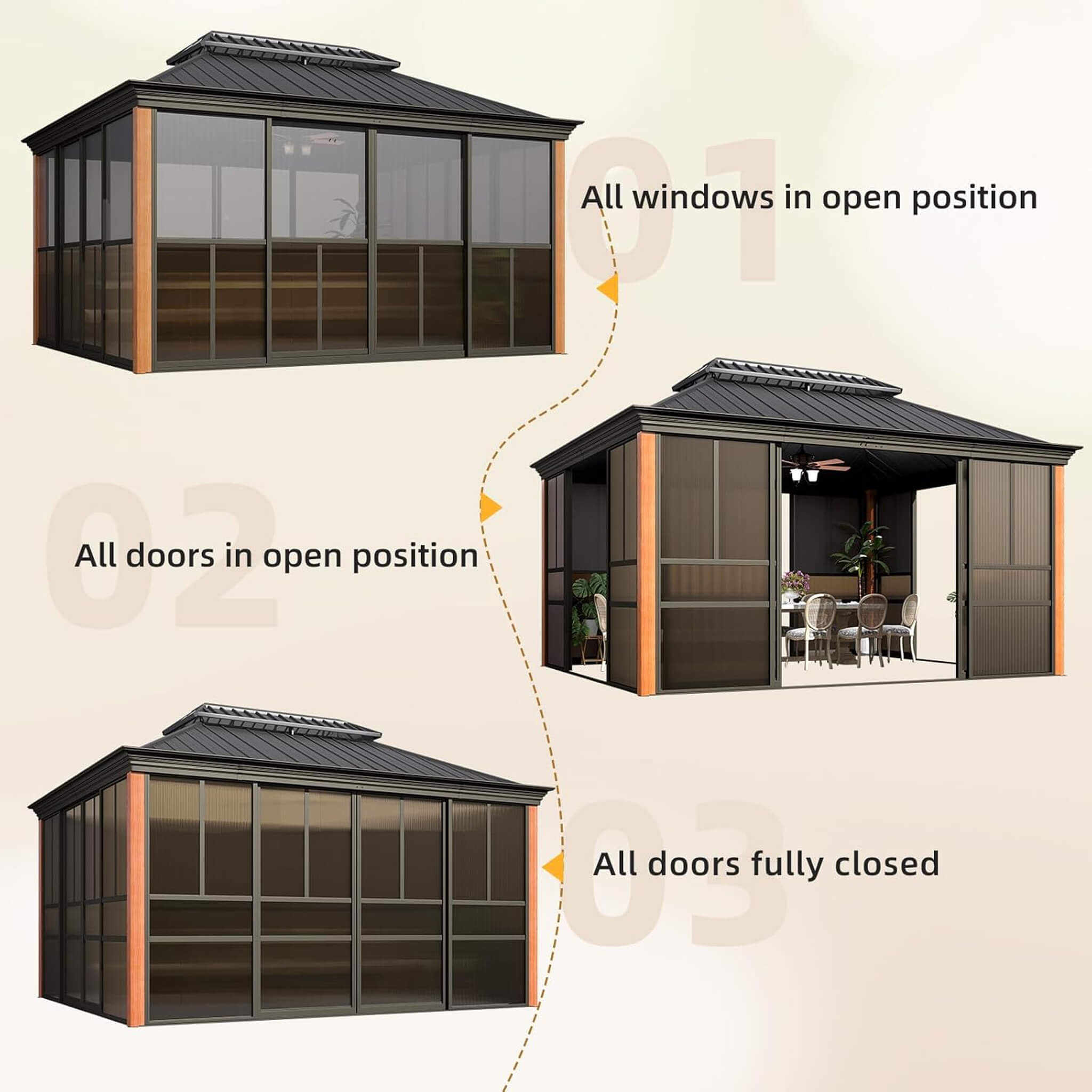 Alora All-Season Outdoor Sunroom with Wood-Grain Aluminum Frame, Sliding Doors & Double Roof