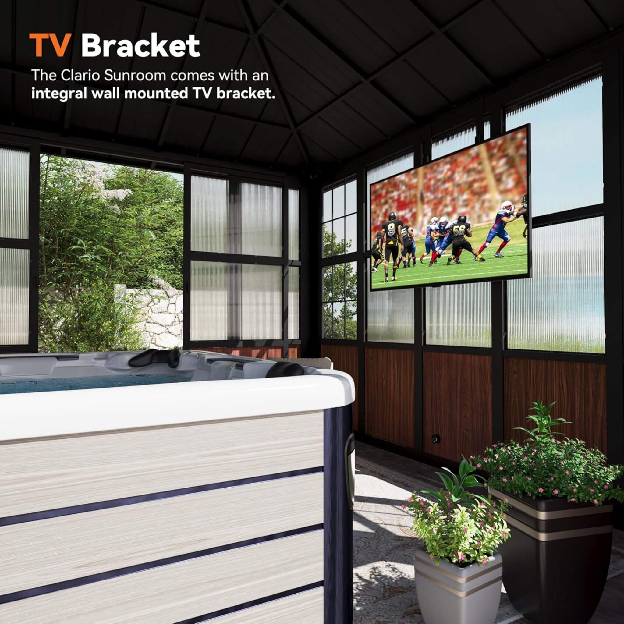 Alora Aluminum Outdoor Sunroom Solarium with Sliding Doors, TV Mount & Power Outlet