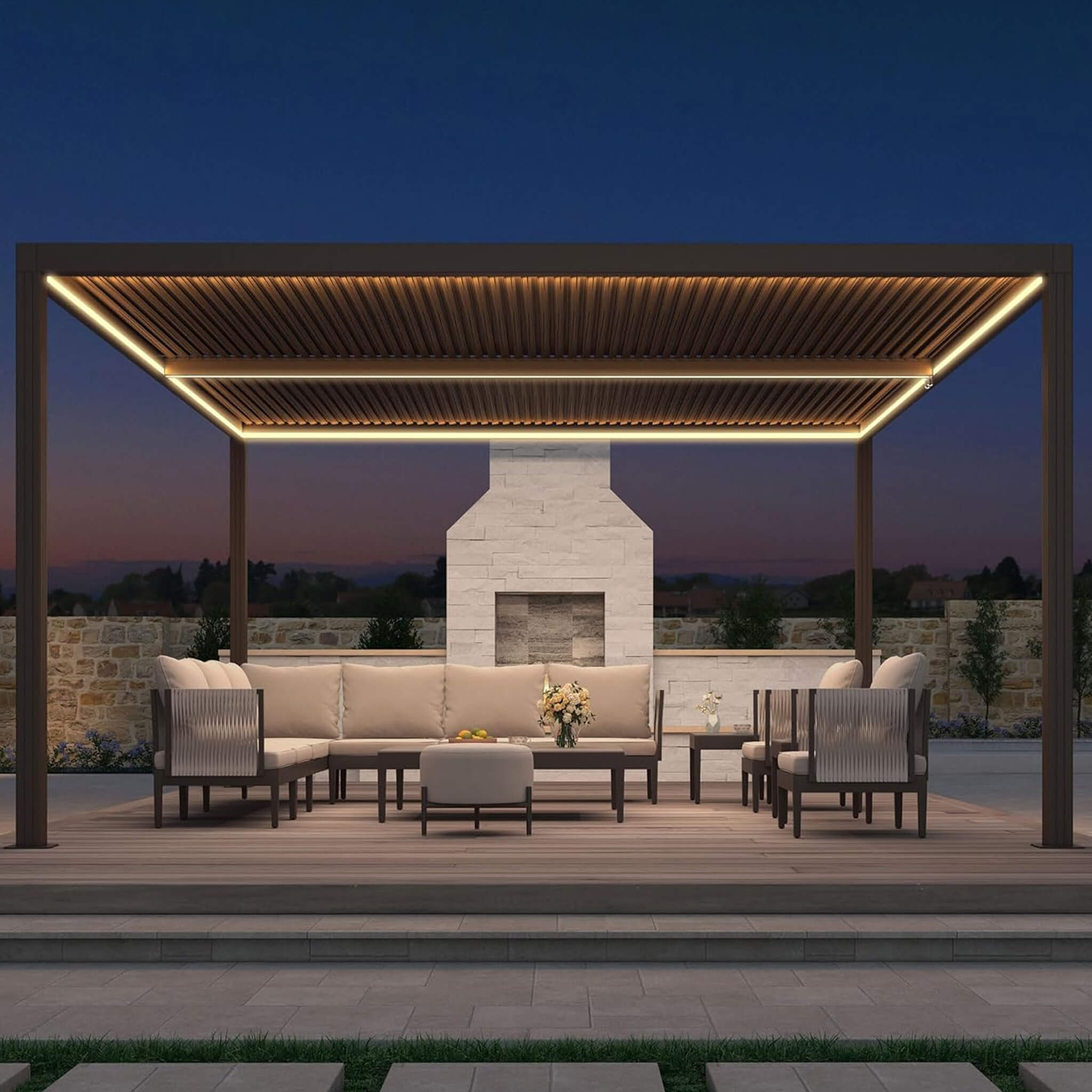 Alora Aluminum Louvered Pergola with LED Lighting & Adjustable Roof – Modern Smart Outdoor System