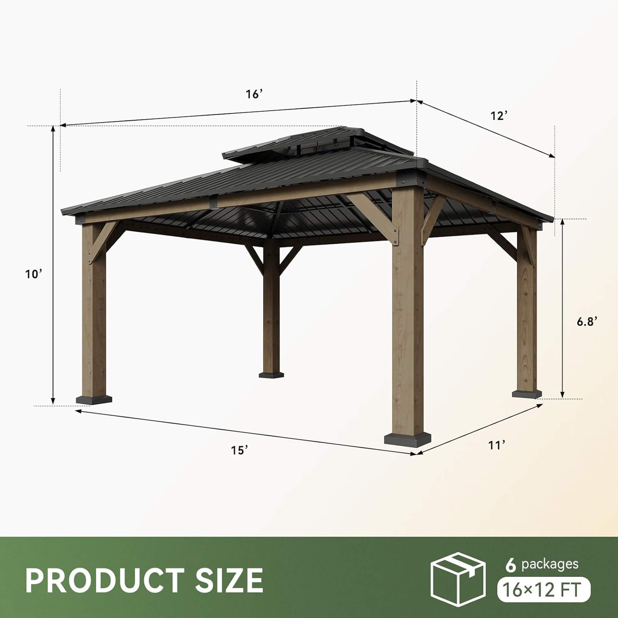 Alora Cedar Wood Hardtop Gazebo with Double Roof & Ceiling Hooks – Outdoor Pavilion