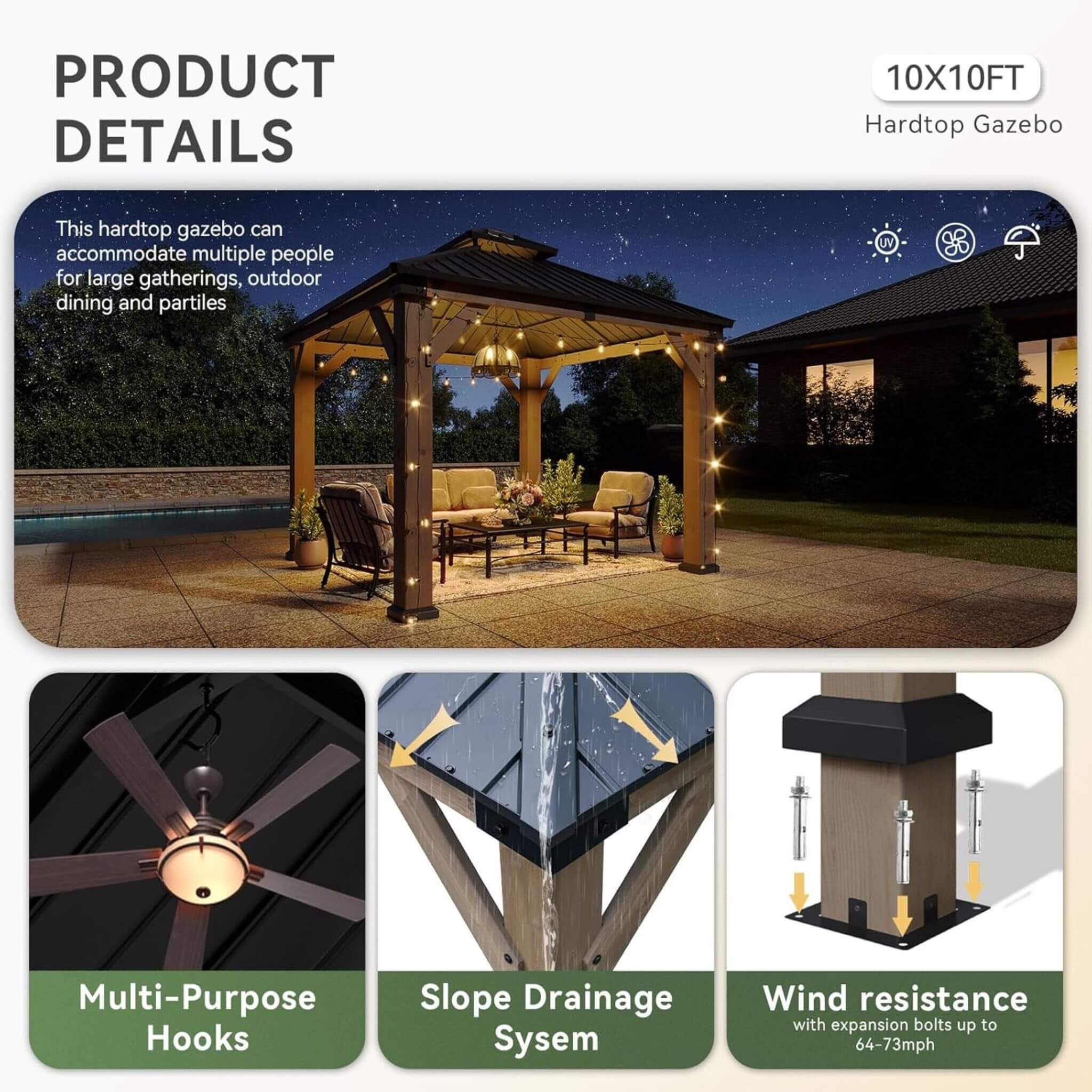 Alora Cedar Wood Hardtop Gazebo with Double Roof & Ceiling Hooks – Outdoor Pavilion