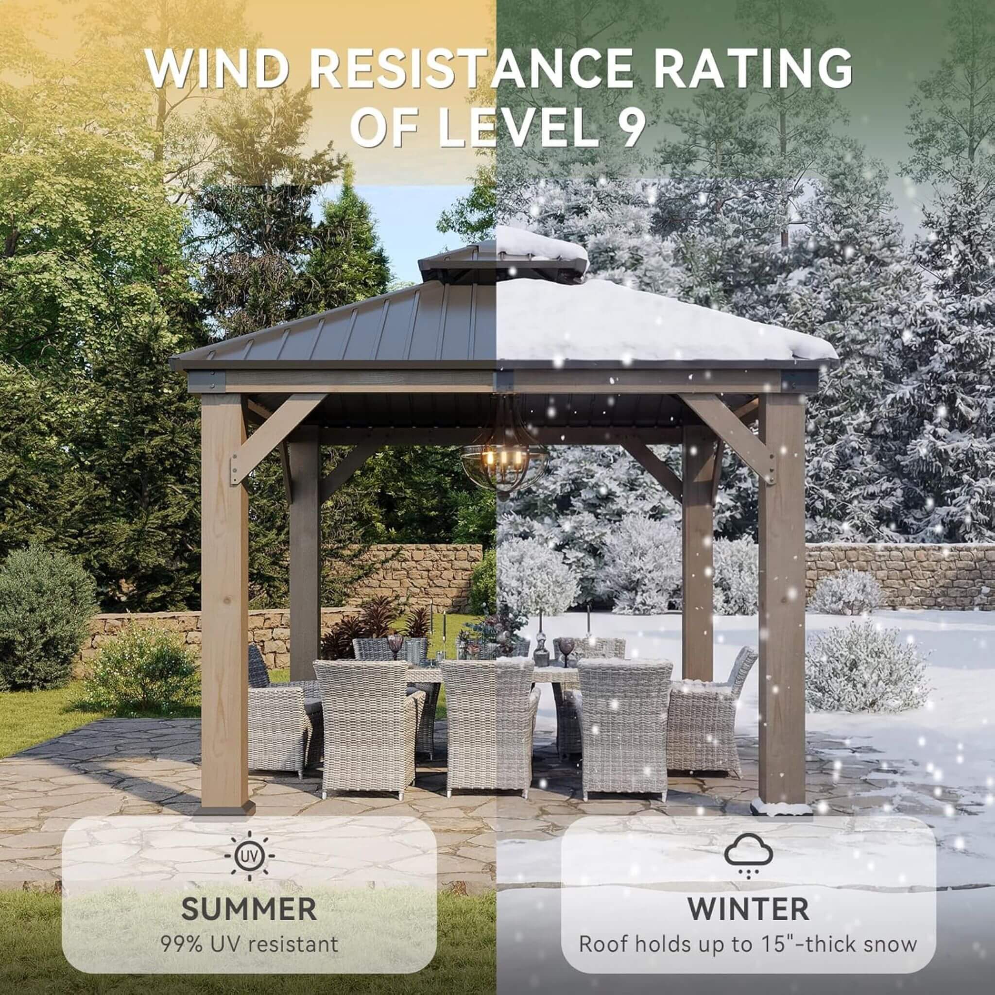 Alora Cedar Wood Hardtop Gazebo with Double Roof & Ceiling Hooks – Outdoor Pavilion