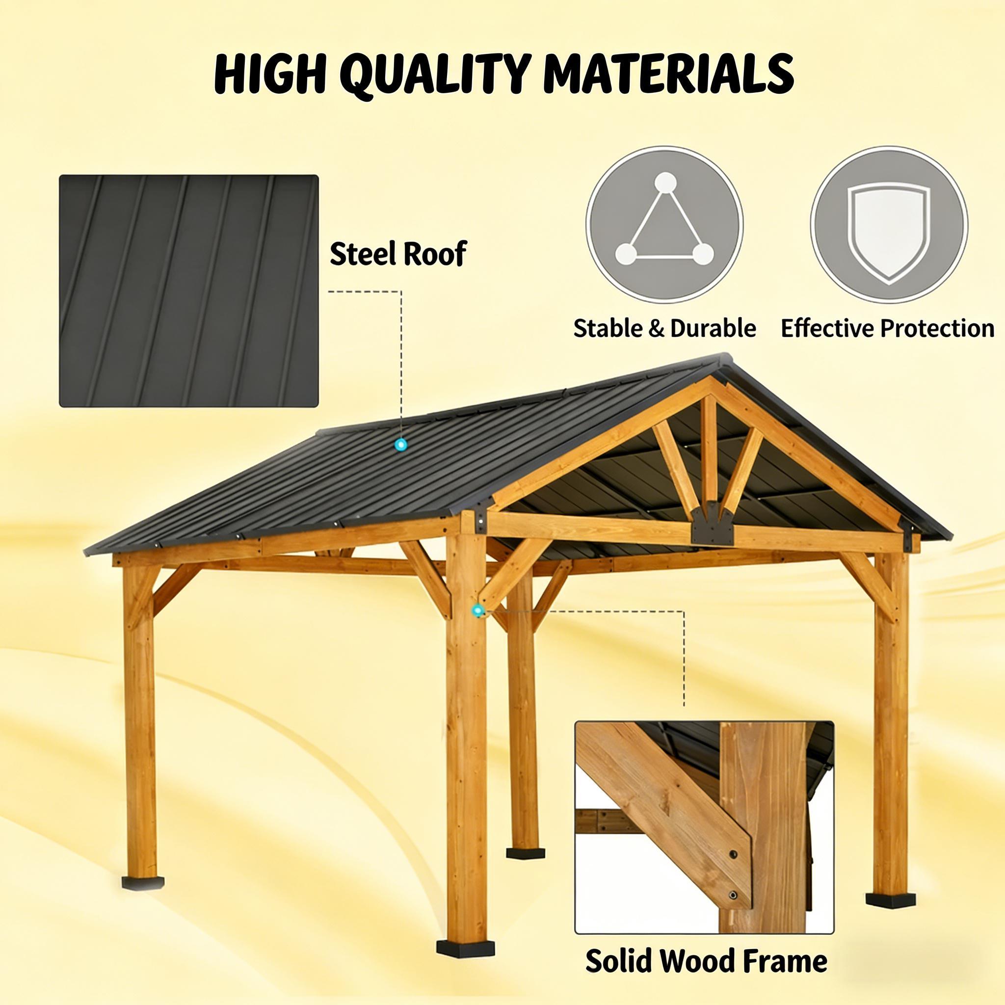 Outdoor Hardtop Gazebo with Wood Frame & Slanted Steel Roof