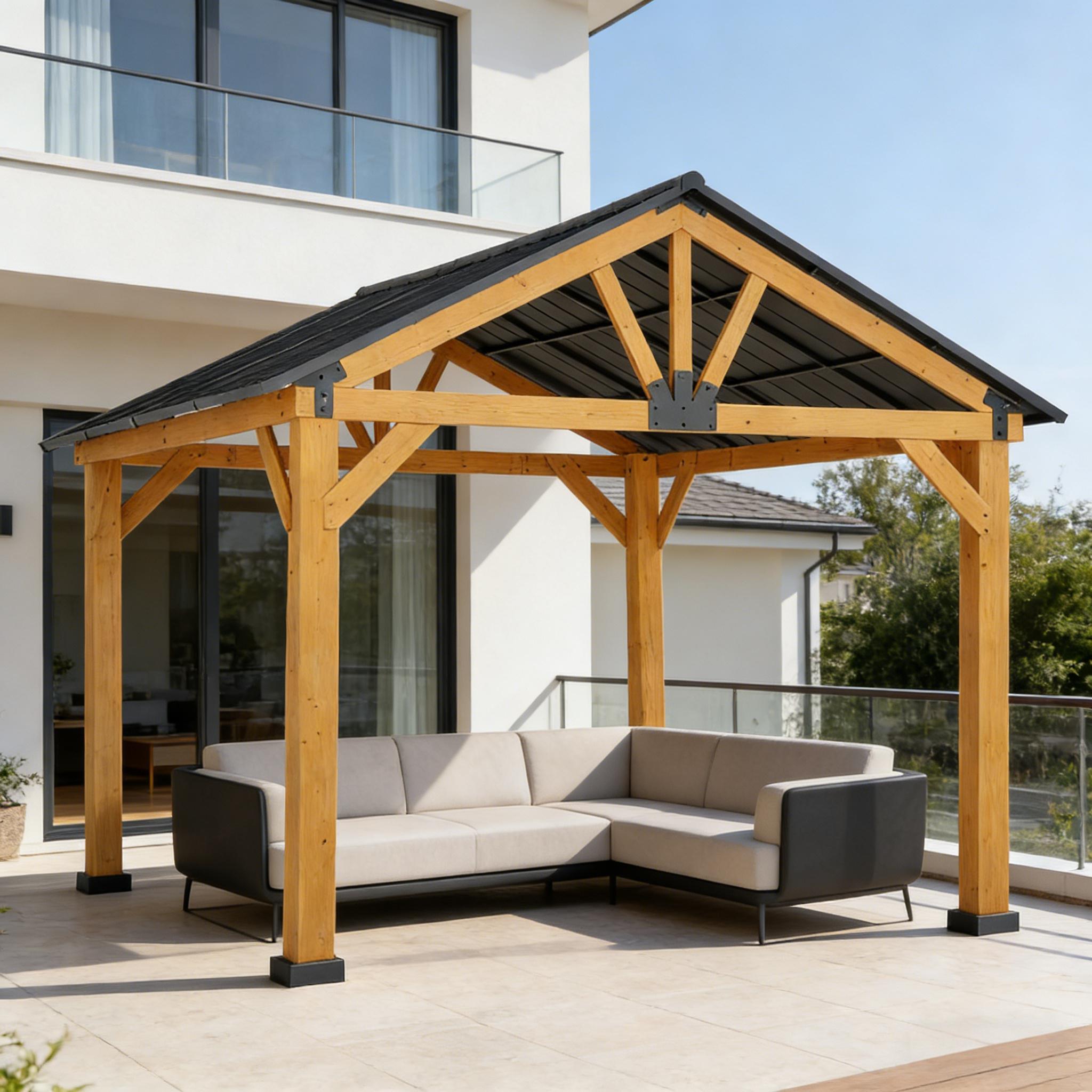 Outdoor Hardtop Gazebo with Wood Frame & Slanted Steel Roof