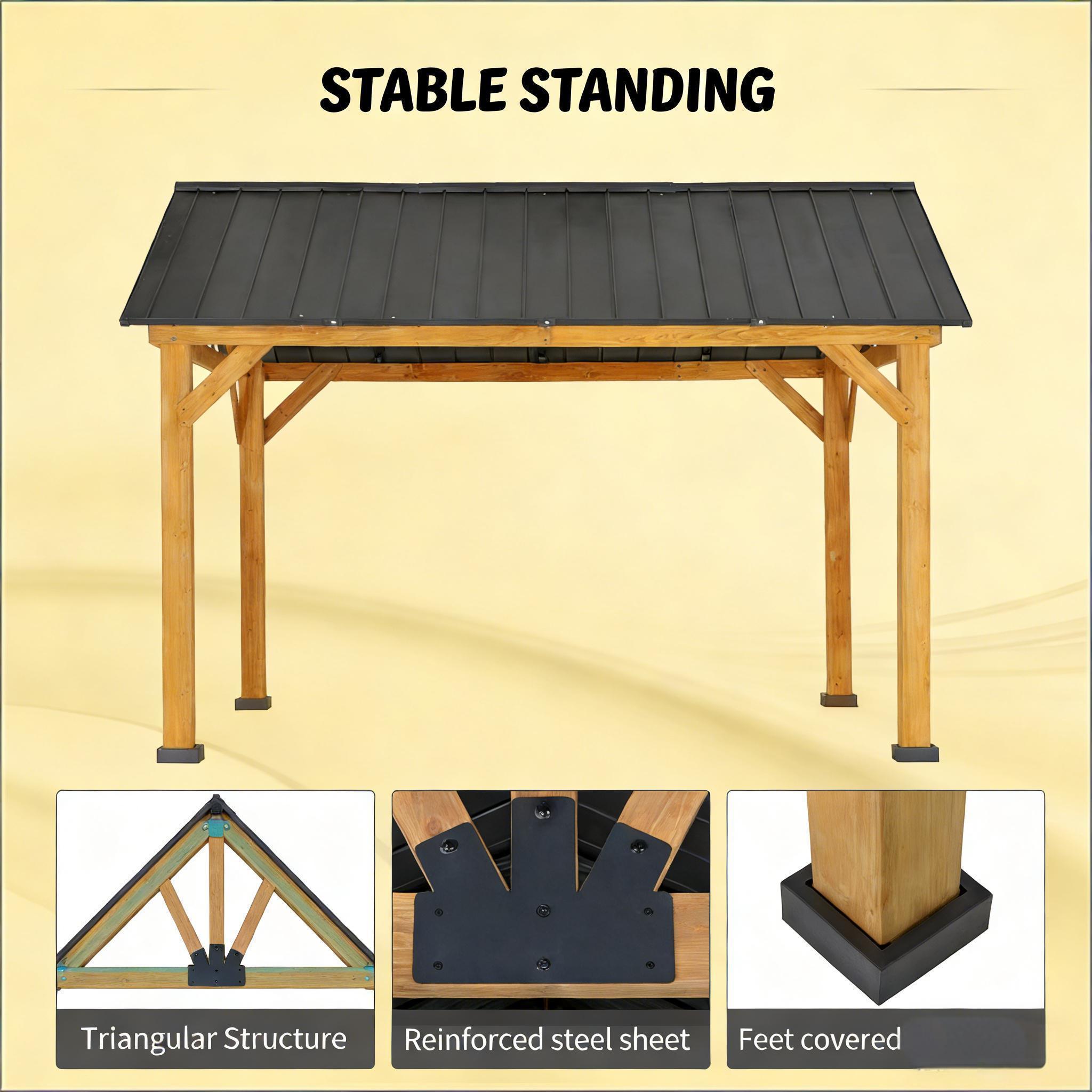 Outdoor Hardtop Gazebo with Wood Frame & Slanted Steel Roof