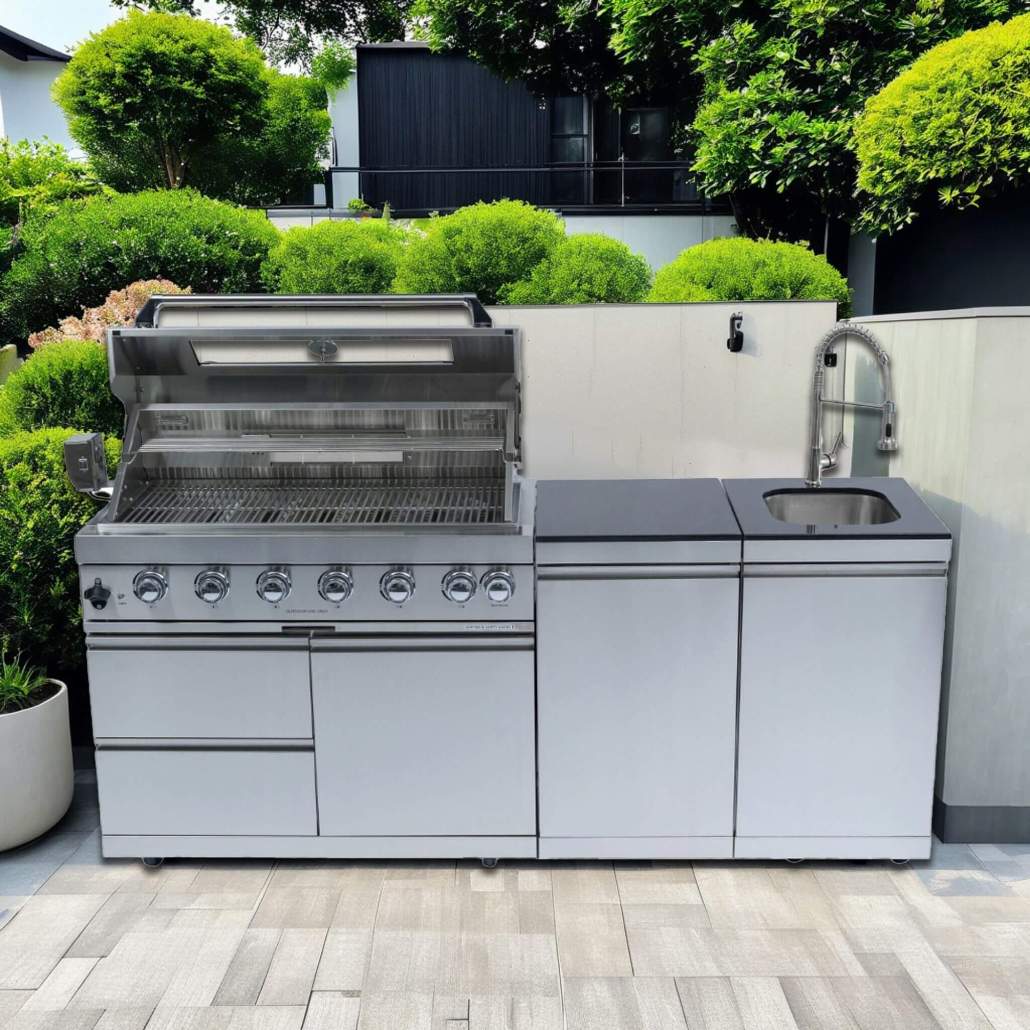 Castelle Flame 43 inch 6-Burner Propane Outdoor Kitchen Island Grill – 85,000 BTU with Granite Countertops